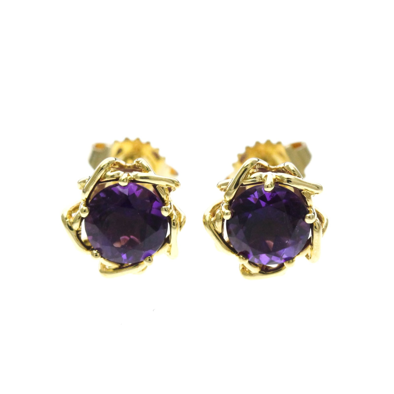 Tiffany Stud Earrings Yellow Gold (18K): Tiffany Stud Earrings Yellow Gold (18K) Yellow gold (18K) stud earrings featuring an amethyst stone, crafted in the iconic Tiffany style. Each earring measures 8.50mm x 8.50mm and weighs 2.5g / 0.08oz