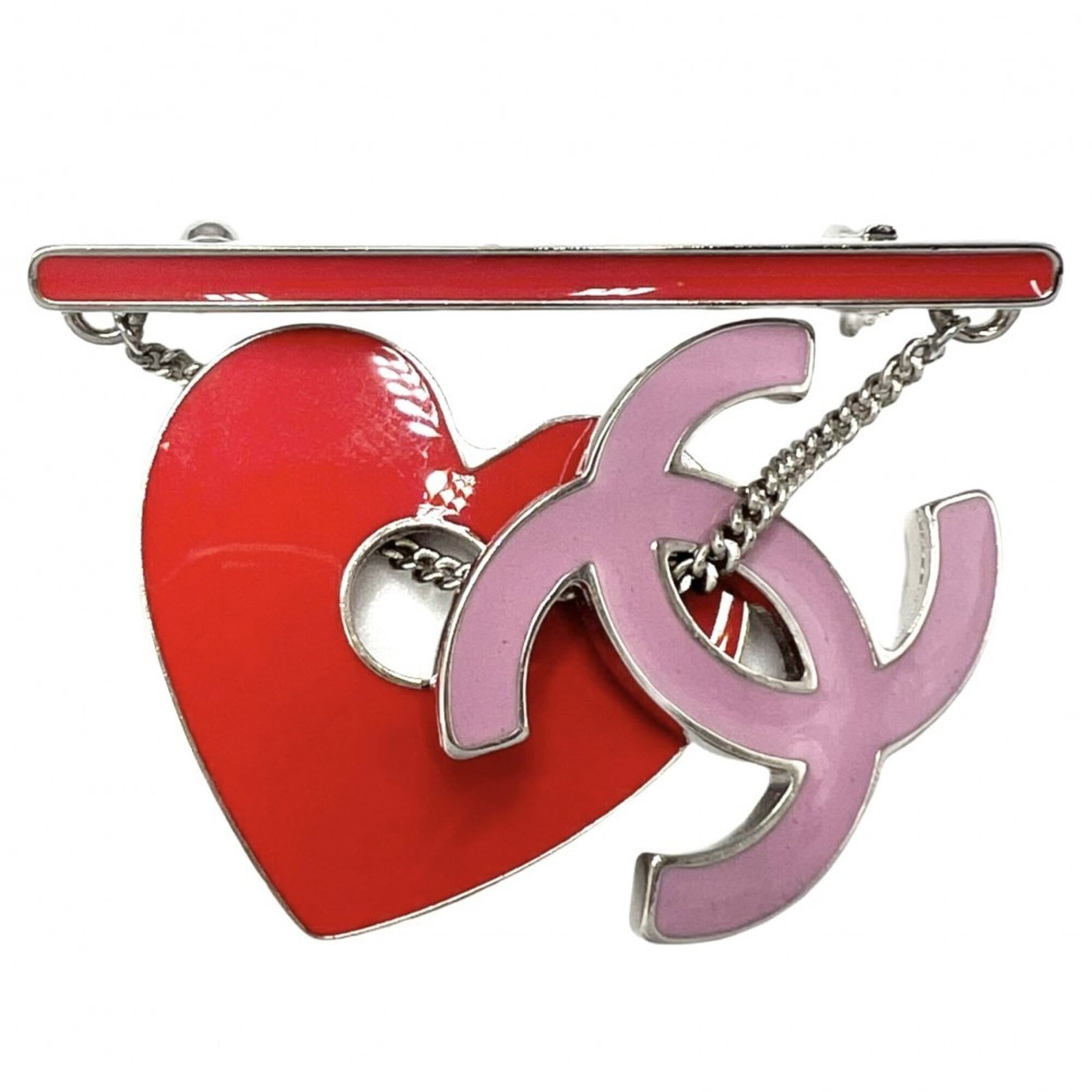 Chanel Brooch: Chanel Brooch Pink and red hues come together in this elegant Chanel brooch, measuring 3.7cm x 4.5cm x 2.00mm in size and weighing 12.1g. The subtle color palette is a hallmark of the iconic French fa
