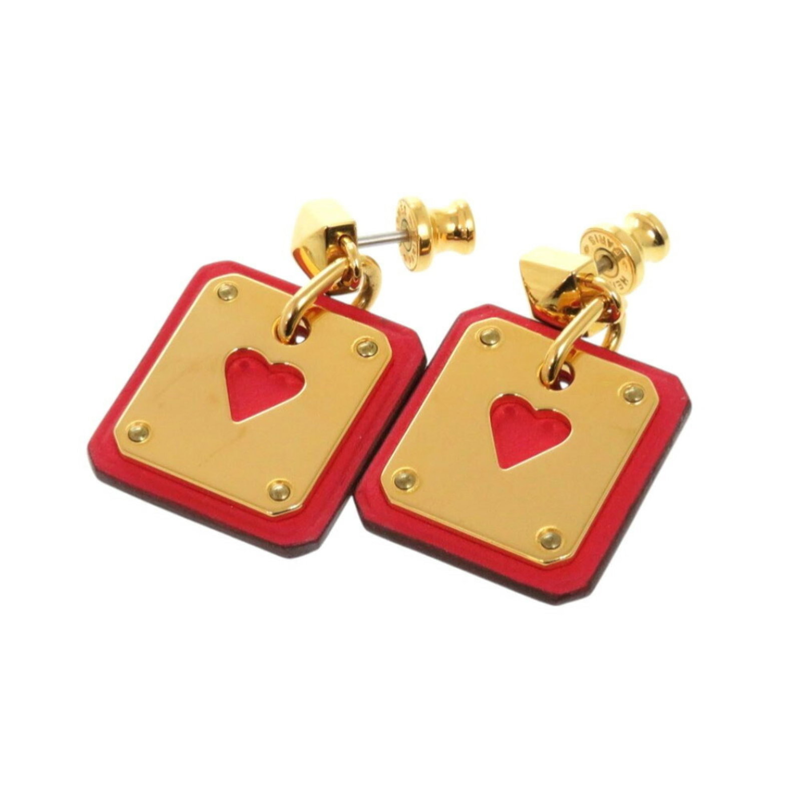 Metal leather swift earrings drop by Hermes: Metal leather swift earrings drop by Hermes Gold and red swift leather drop earrings by Hermes, presented in a luxurious box. These metal earrings showcase the iconic swift leather design, a
