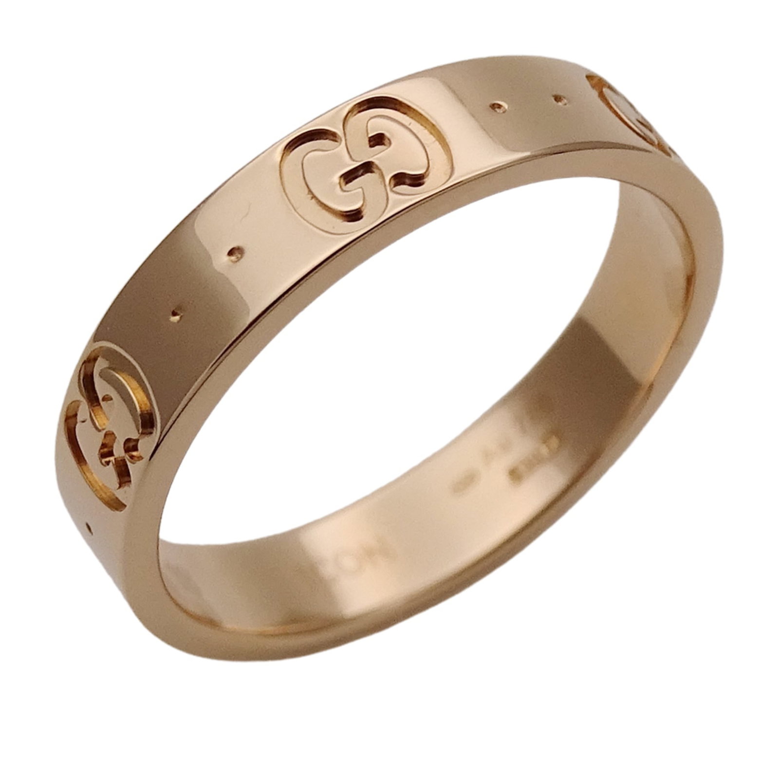 Pink Gold 18k Ring by Gucci Band: Pink Gold 18k Ring by Gucci Band Pink gold (18K) band ring by Gucci, featuring the iconic brand's signature style. This elegant piece is crafted from high-quality pink gold and available in a US size 
