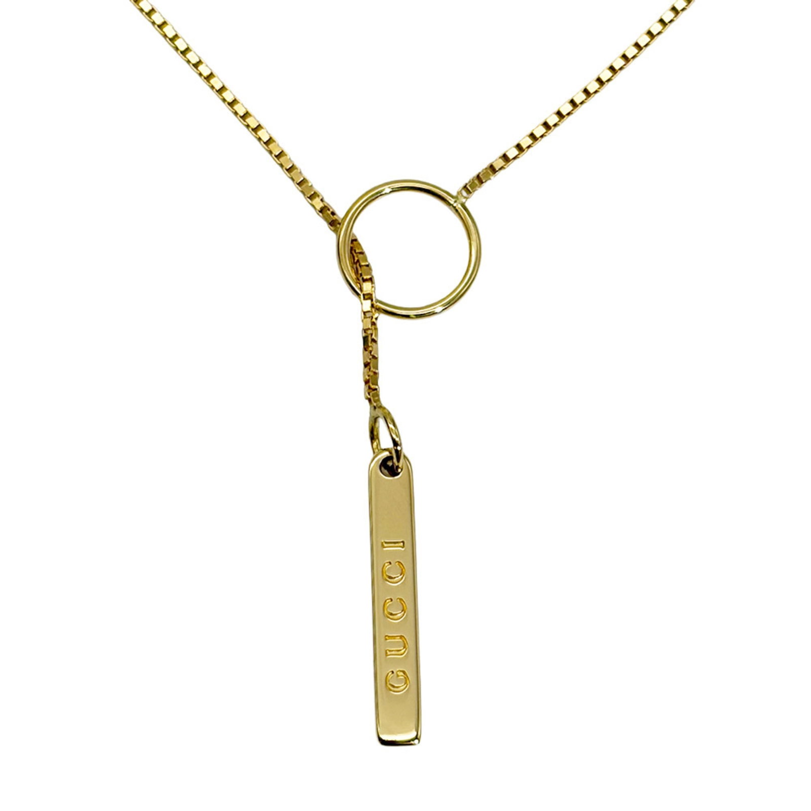 Women's Lariat Necklace 54cm 18k gold 5.5g venetian chain logo gucci.: Women's Lariat Necklace 54cm 18k gold 5.5g venetian chain logo gucci. 54cm Yellow Gold Lariat Necklace with Venetian Chain Logo from Gucci Features an 18k gold chain and pendant, measuring 19mm x
