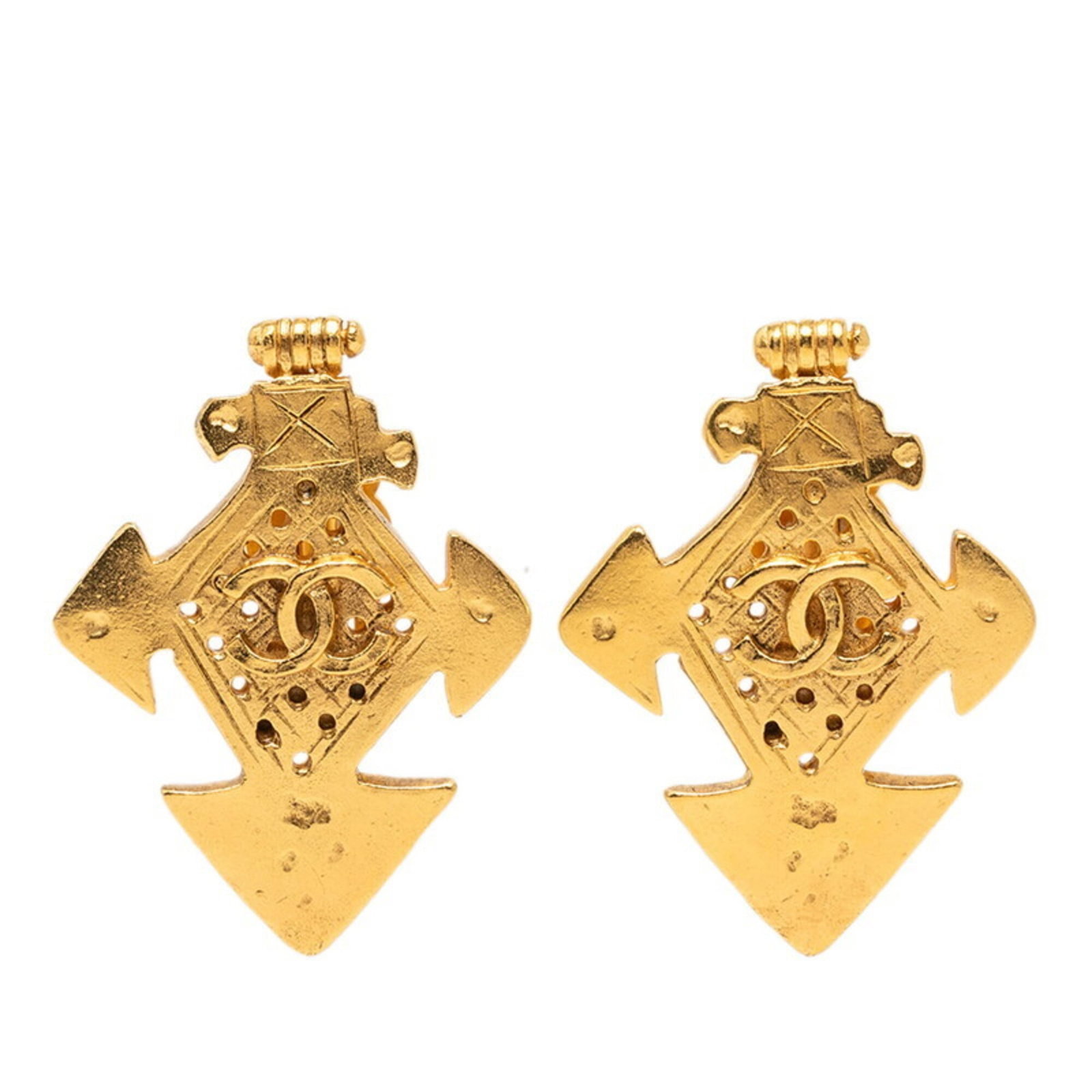Chanel Coco Mark Cross Motif Vintage Earrings 94P Gold Plated Women'S Chanel: Chanel Coco Mark Cross Motif Vintage Earrings 94P Gold Plated Women'S Chanel Gold Plated Chanel Coco Mark Cross Motif Earrings with a 43.20mm x 31.90mm size, featuring the iconic cross motif design