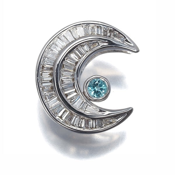 Qvc Pendant Paraiba Tourmaline 0.05Ct Diamond 0.25Ct Moon 18K Wg: Qvc Pendant Paraiba Tourmaline 0.05Ct Diamond 0.25Ct Moon 18K Wg The QVC Pendant features a stunning combination of natural Paraiba Tourmaline and a 0.25ct Diamond, totaling 0.05ct in the center. Set 