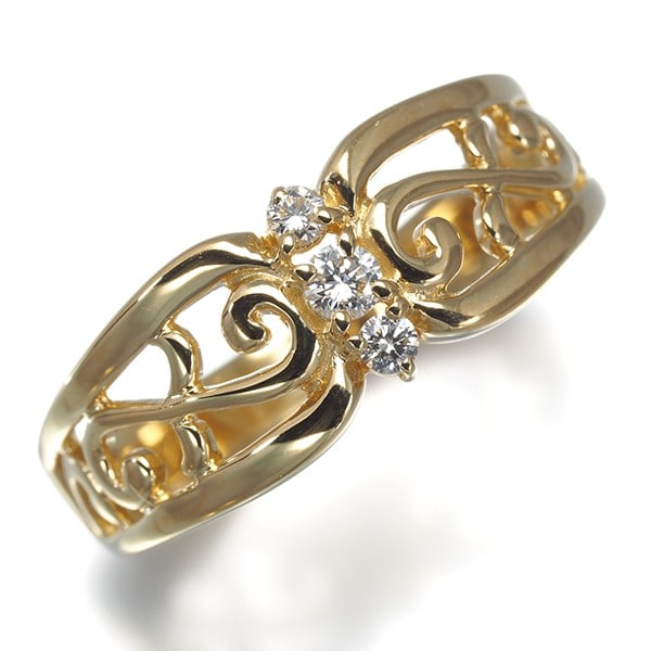 Diamond 0.12Ct Mikimoto 18K Yellow Gold Openwork 750 US7.25 Ring (1 of 4)