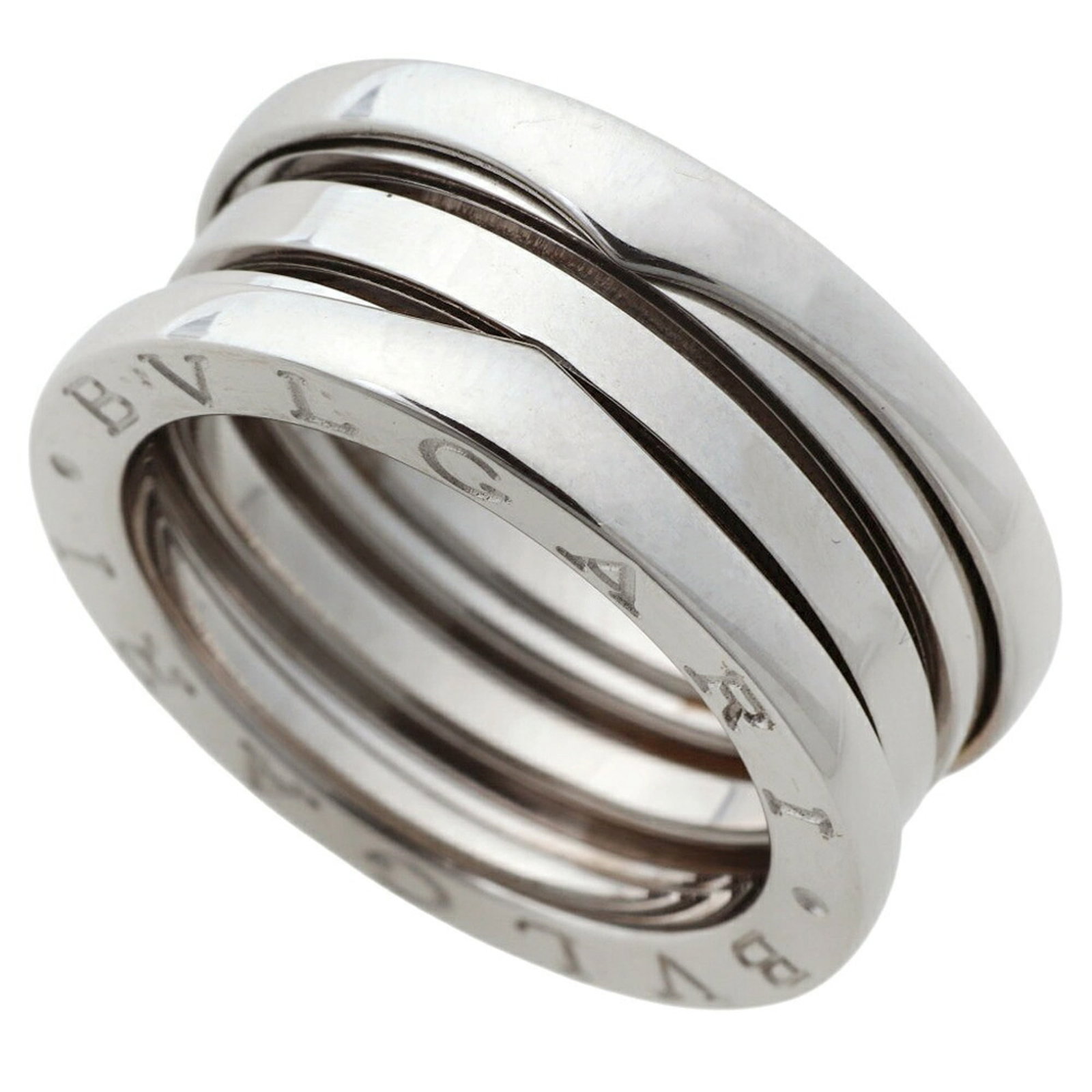 White Gold Bvlgari Ring Band: White Gold Bvlgari Ring Band White gold Bvlgari ring band with elegant design, crafted from 18K white gold. This women's band features a classic style and size, suitable for everyday wear. Made from