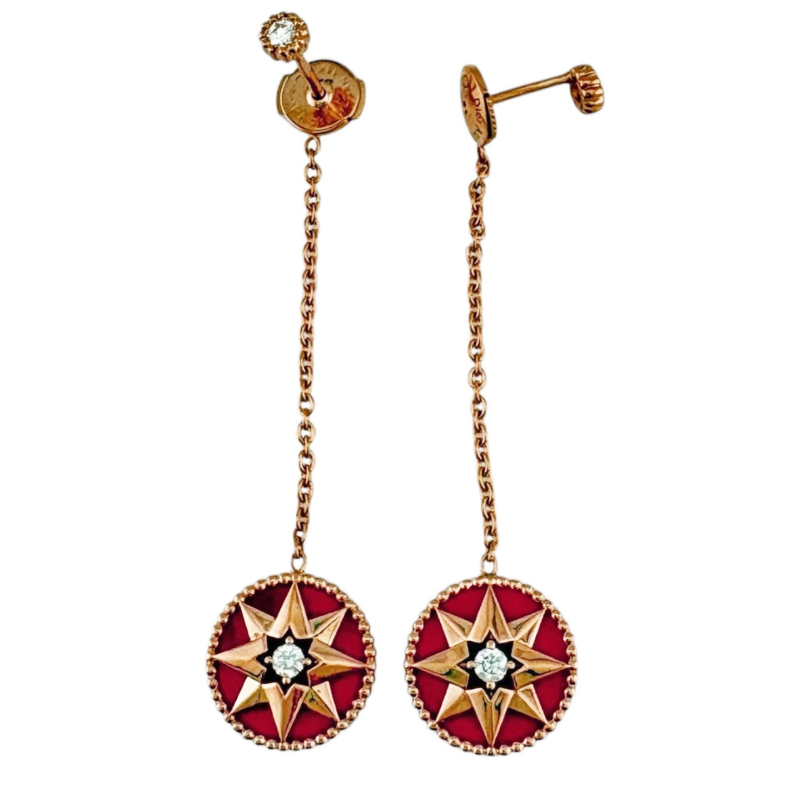 Pink Gold Ceramic Chain Earrings 18K Christian Dior: Pink Gold Ceramic Chain Earrings 18K Christian Dior Pink gold ceramic chain earrings with an 18K metal finish, featuring a signature and red color. These handmade earrings showcase a unique blend of