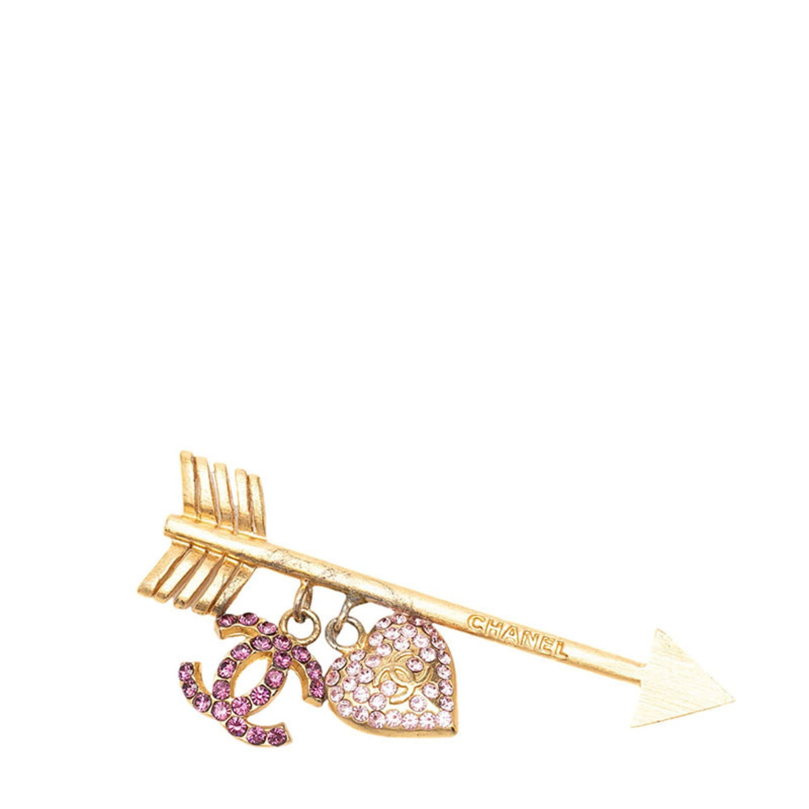 Chanel Brooch: Chanel Brooch Gold, pink, and purple hues come together in this elegant Chanel brooch, adorned with sparkling rhinestones. Measuring 2.68cm x 5.66cm, it boasts a unique size that adds to its visual ap