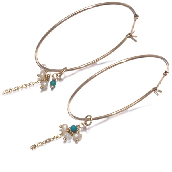Agete Earrings Turquoise Moonstone Baby Freshwater Pearl Hoop 2Way 10K Yg (1 of 7)