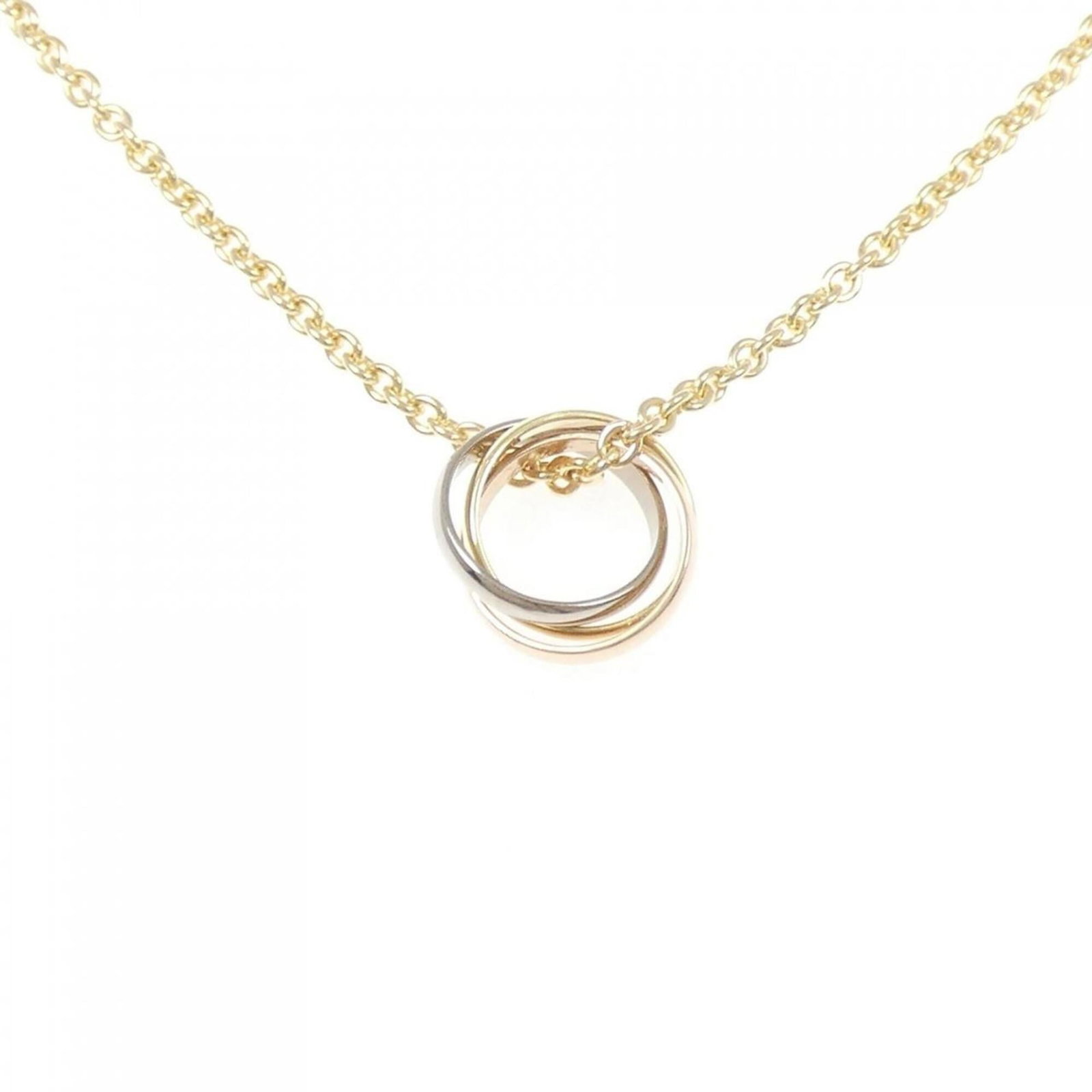 Trinity Necklace by Cartier: Trinity Necklace by Cartier Pink gold, white gold, and yellow gold come together in the elegant Trinity Necklace by Cartier. This beautiful piece features a pendant with a striking design, measuring 1