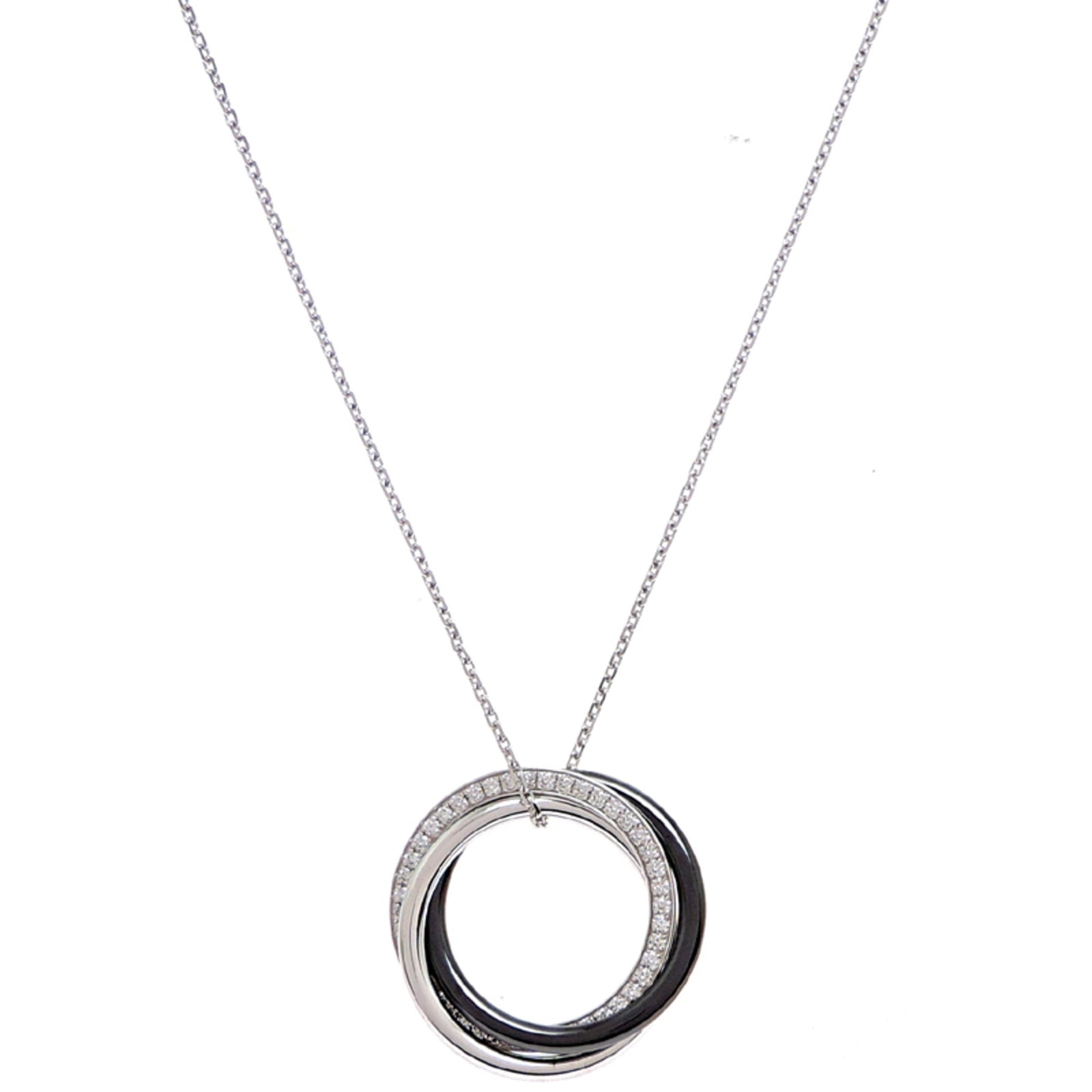 Cartier Trinity Diamond Necklace For Women And Men B3045500 750 White Gold Black Tone: Cartier Trinity Diamond Necklace For Women And Men B3045500 750 White Gold Black Tone Cartier's iconic Trinity Diamond Necklace boasts a striking black tone and elegant design, featuring a 20.8mm x 20