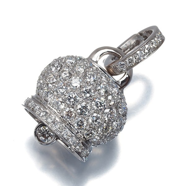 Chantecler Pendant Diamond Lucky Bell Campanelle Paved Charm 18K Wg: Chantecler Pendant Diamond Lucky Bell Campanelle Paved Charm 18K Wg 18k White Gold Diamond Charm Pendant with Lucky Bell Design, featuring a natural diamond weighing approximately 1.49ct in a beautifu