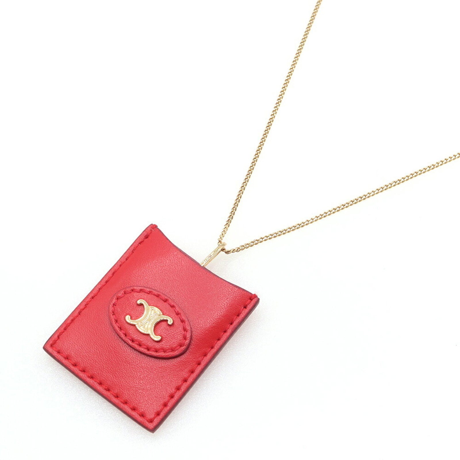 Celine Triomphe Heart Mirror Pendant Necklace 46W633Ncb.35Ro Gold Red Metal Leather Long For Women: Celine Triomphe Heart Mirror Pendant Necklace 46W633Ncb.35Ro Gold Red Metal Leather Long For Women Gold and red metal leather pendant necklace with a heart-shaped mirror, suitable for women. The neckl