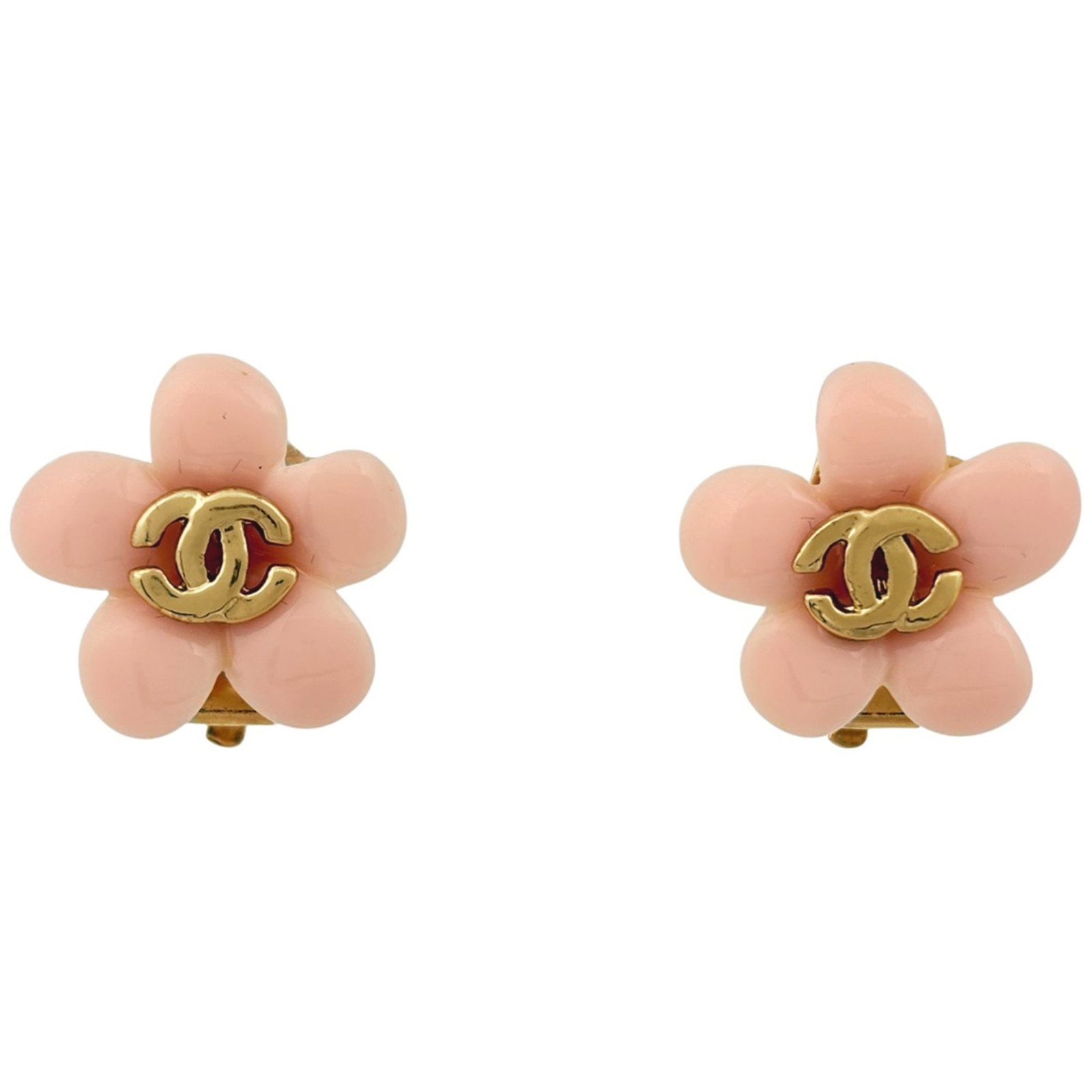 Chanel Clip Earrings Gold Plating: Chanel Clip Earrings Gold Plating Gold-plated clip earrings from Chanel, featuring a sleek and modern design with a subtle gold hue and pink accents. Made with durable gold plating, these earrings