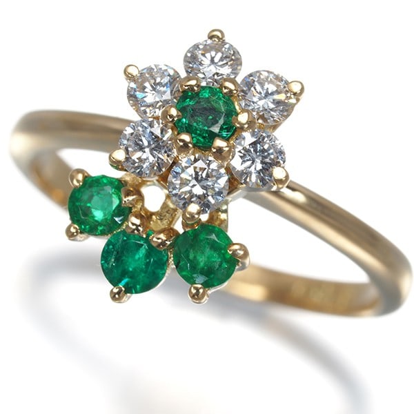 Waltham Ring Emerald Diamond Swing Flower Us5.75-6 18K 750 Yellow Gold: Waltham Ring Emerald Diamond Swing Flower Us5.75-6 18K 750 Yellow Gold 18k yellow gold ring featuring a stunning emerald and diamond swing flower design, showcasing natural beauty in its intricate det
