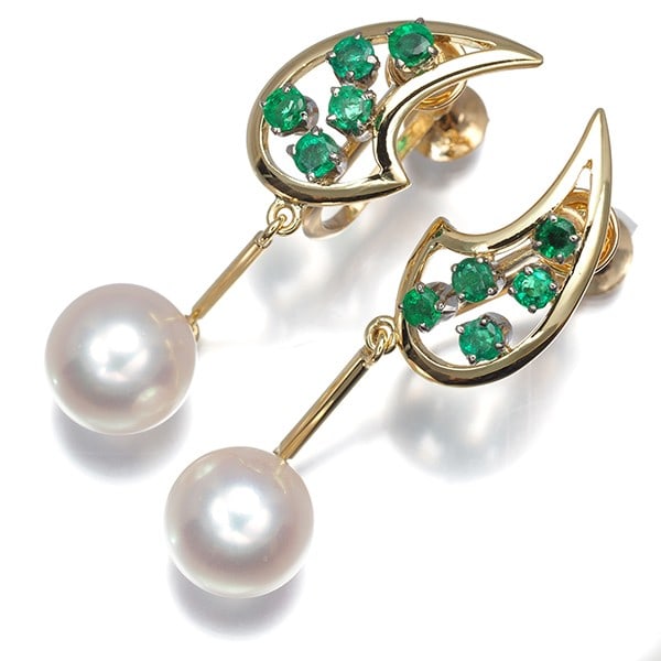 Mikimoto Earrings Akoya Pearl 8.4Mm Emerald Drop 18K Yg/ Wg (1 of 5)