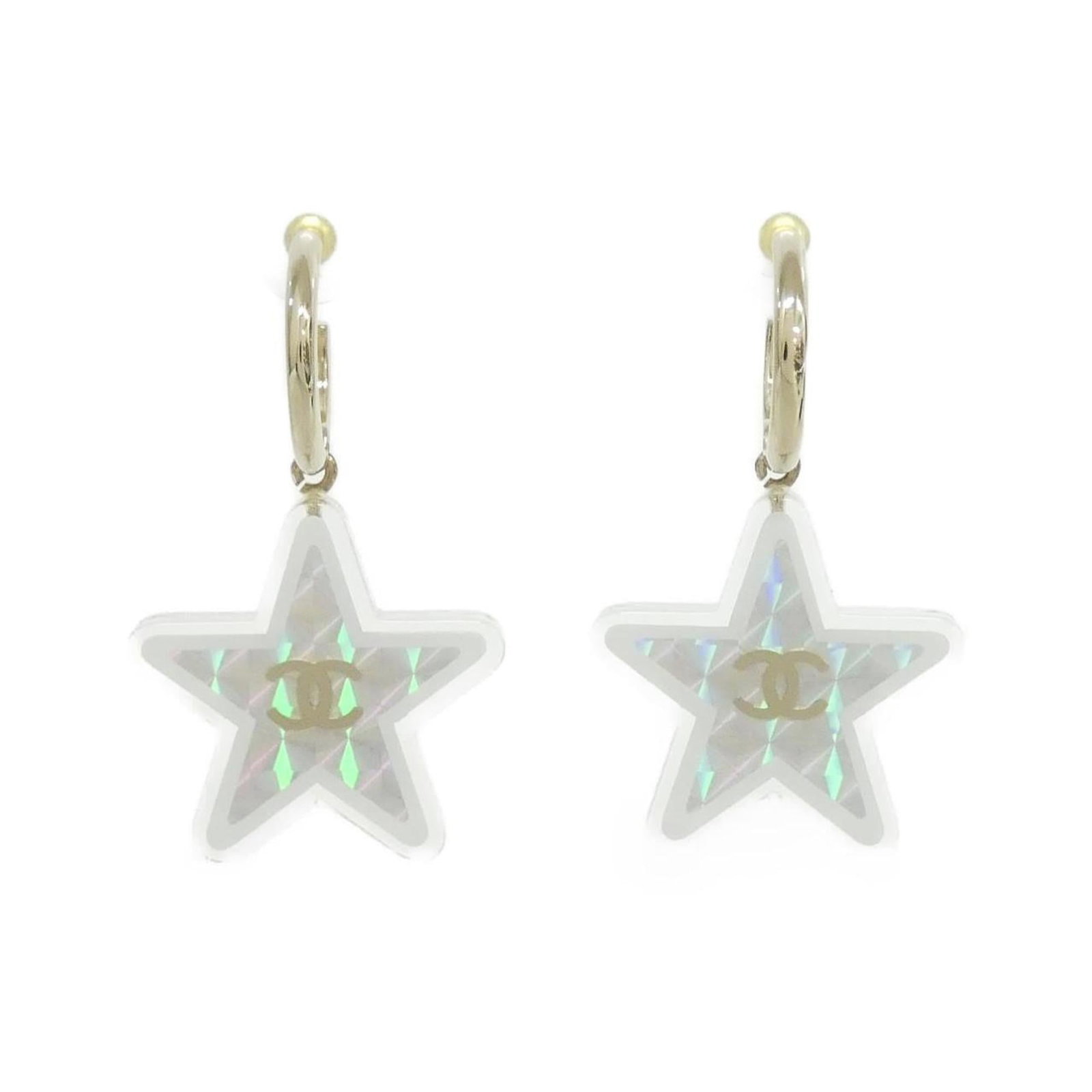 Hoop earrings by Chanel: Hoop earrings by Chanel Gold, Silver, and White hoop earrings from Chanel, available in a compact size of 62.00mm x 36.00mm / 2.44'' x 1.42''. These earrings come in a luxurious gold, silver, and