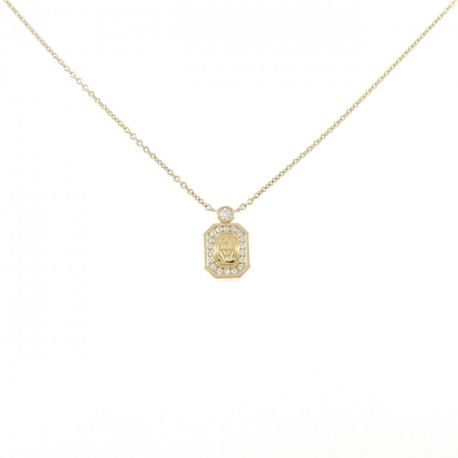 Hw Logo Necklace by Harry Winston: Hw Logo Necklace by Harry Winston Yellow gold (18K) pendant necklace featuring a diamond, crafted by renowned jeweler Harry Winston. The necklace boasts a sleek design with a 12.2mm x 7.5mm diamond