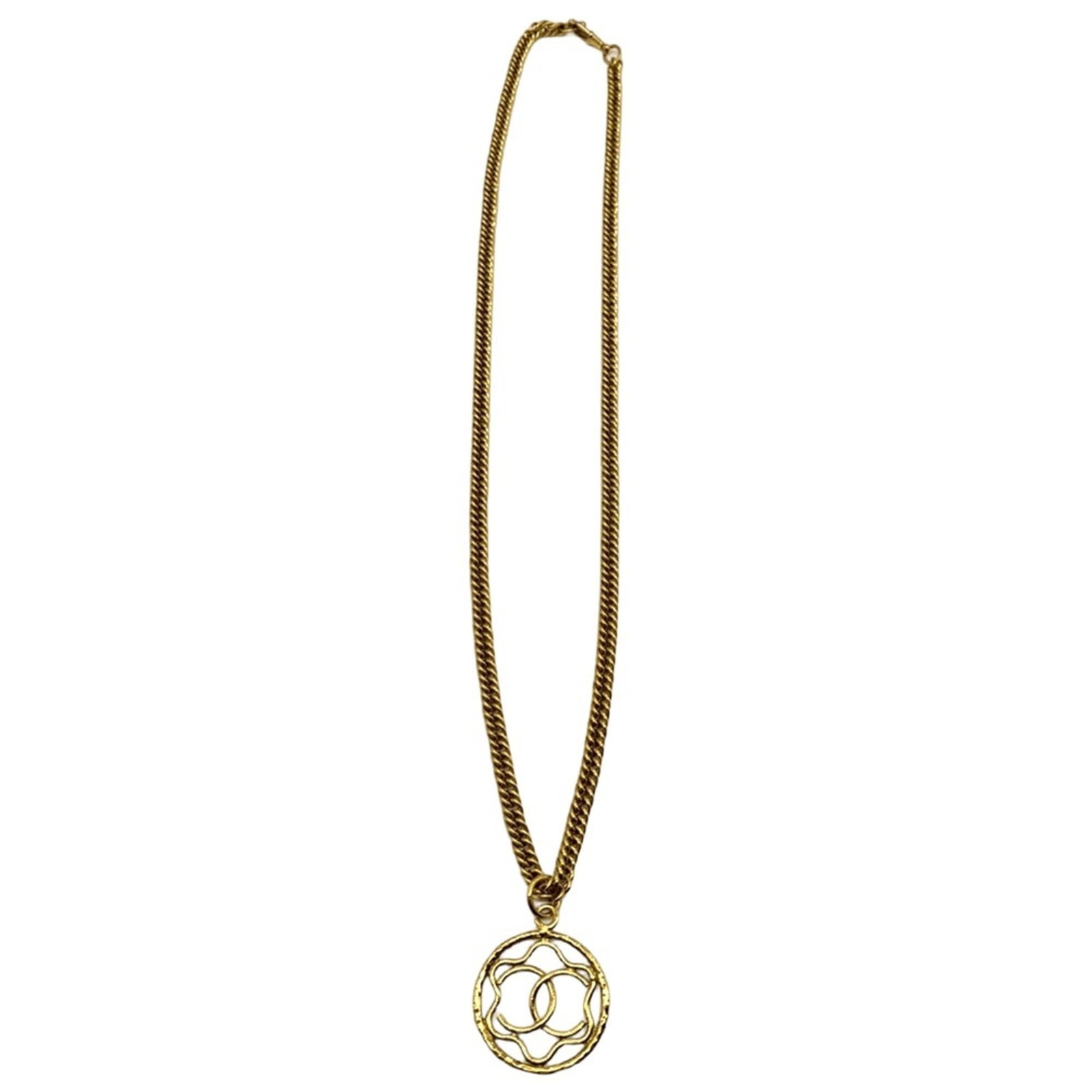 Circle Openwork Coco Chanel Necklace Gold Long Chain GP: Circle Openwork Coco Chanel Necklace Gold Long Chain GP Gold plating Circle Openwork Coco Chanel Necklace features an elegant design on a long chain, perfect for adding a touch of sophistication to an