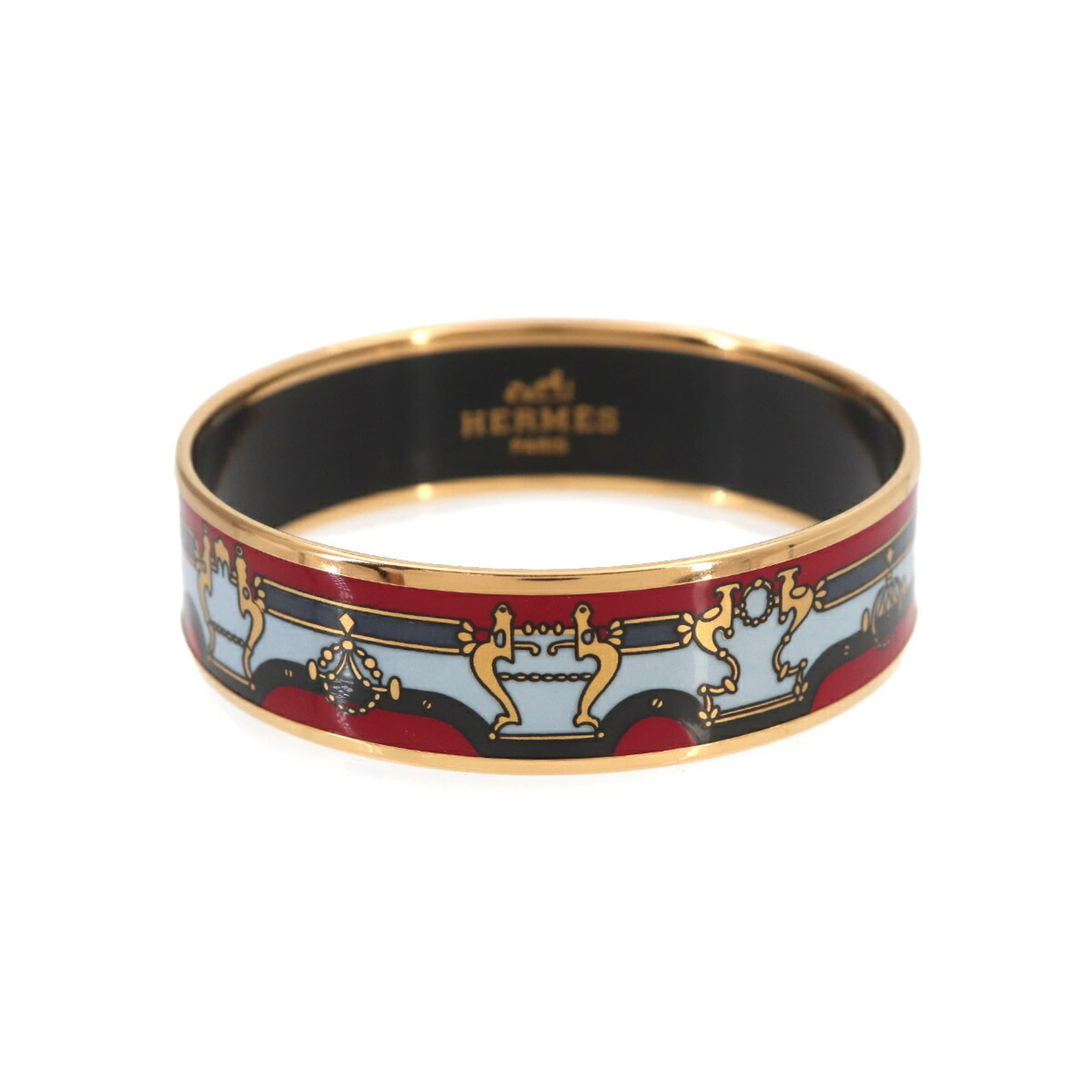 Hermes Bangle: Hermes Bangle The Hermes Bangle boasts a sleek, multi-colored design in gold and red hues. Measuring 19.5cm in length, it adds a touch of sophistication to any outfit. Its vibrant color scheme makes