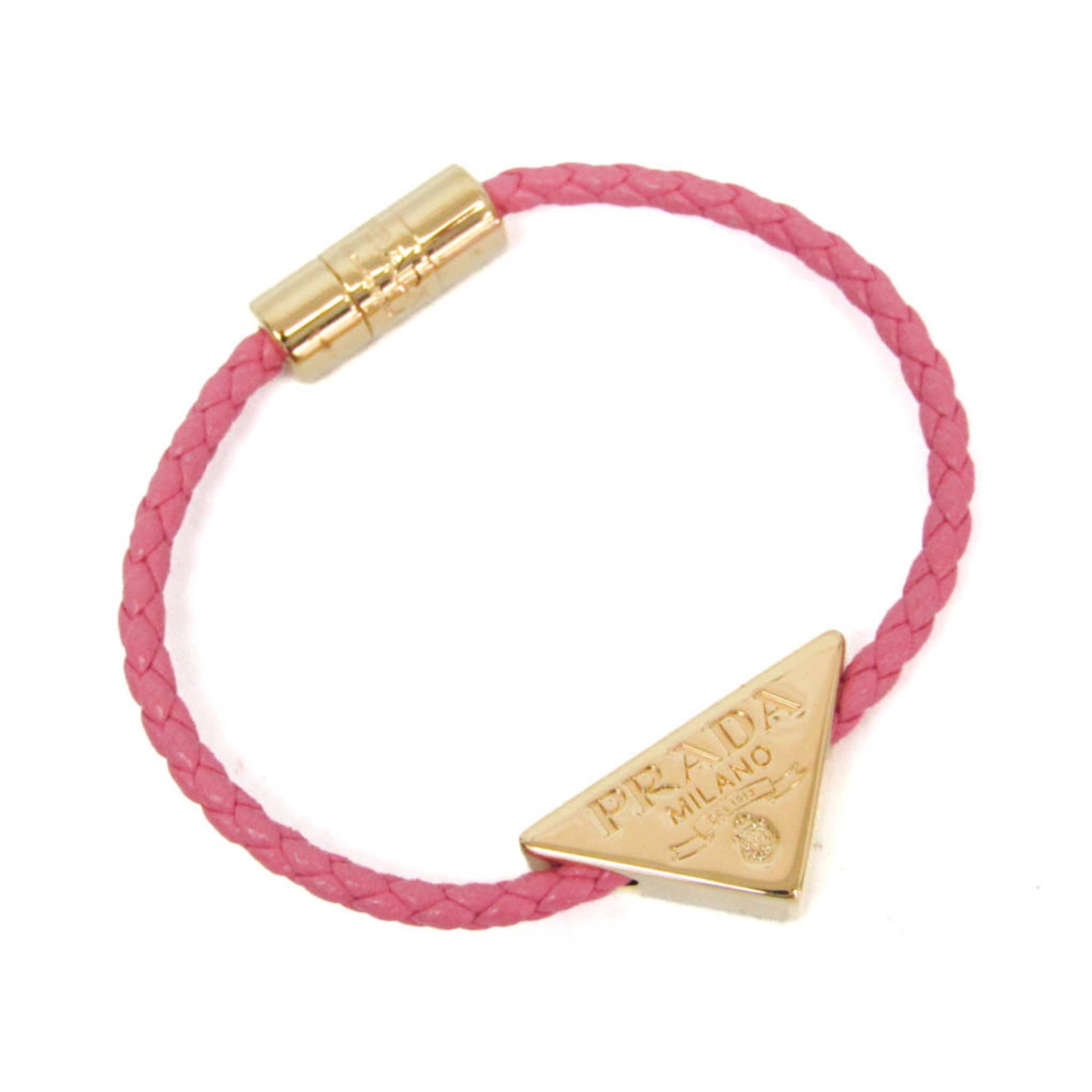 Prada Bangle Leather: Prada Bangle Leather The Prada Bangle Leather features a striking pink nappa leather triangle plate design, set against a gold metal base. This elegant bangle boasts a sleek, modern silhouette and a b