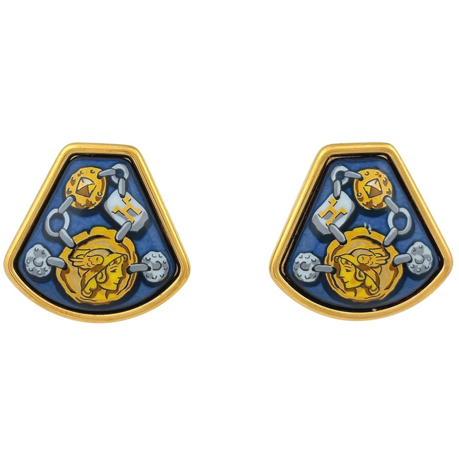 Hermes Clip Earrings Gold Plating: Hermes Clip Earrings Gold Plating Gold plating adds a touch of luxury to these sleek clip earrings from Hermes, featuring a striking blue hue. Measuring 26.00mm x 25.00mm, they sit comfortably on the 
