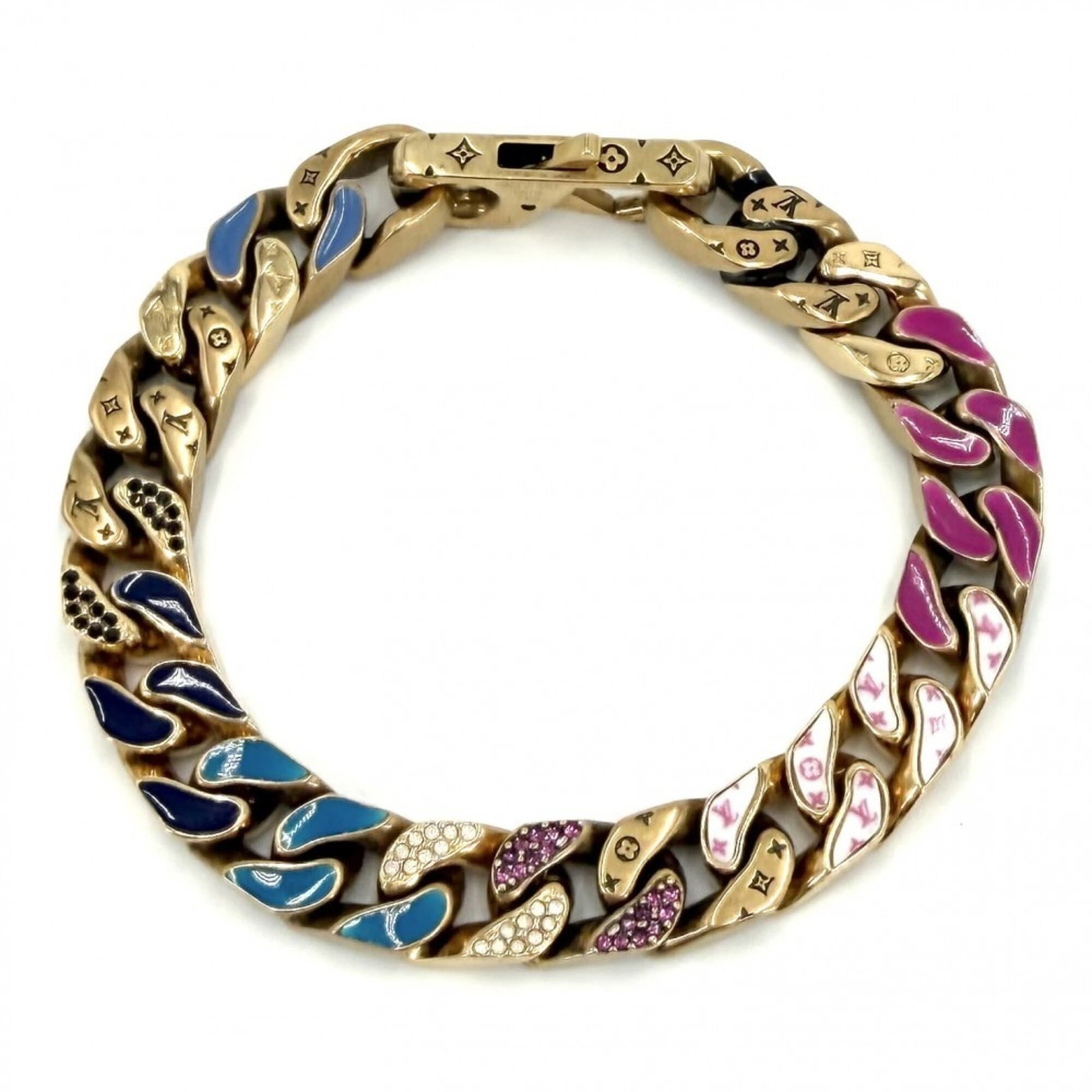 Louis Vuitton bracelet with charm: Louis Vuitton bracelet with charm This Louis Vuitton charm bracelet boasts a unique multi-color design with white accents, measuring 18cm in length. The MP2775 model features a distinctive charm that
