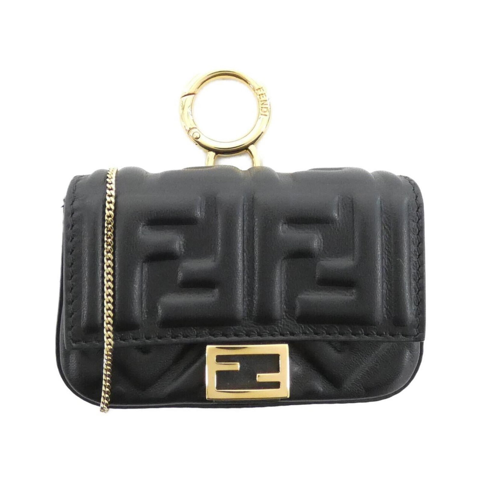 Charm leather handbag Fendi: Charm leather handbag Fendi Fendi's Charm leather handbag boasts sleek design with its black and gold lambskin construction. The bag's compact size, measuring 65mm x 100mm x 2.56'' x 3.94'', is perfec