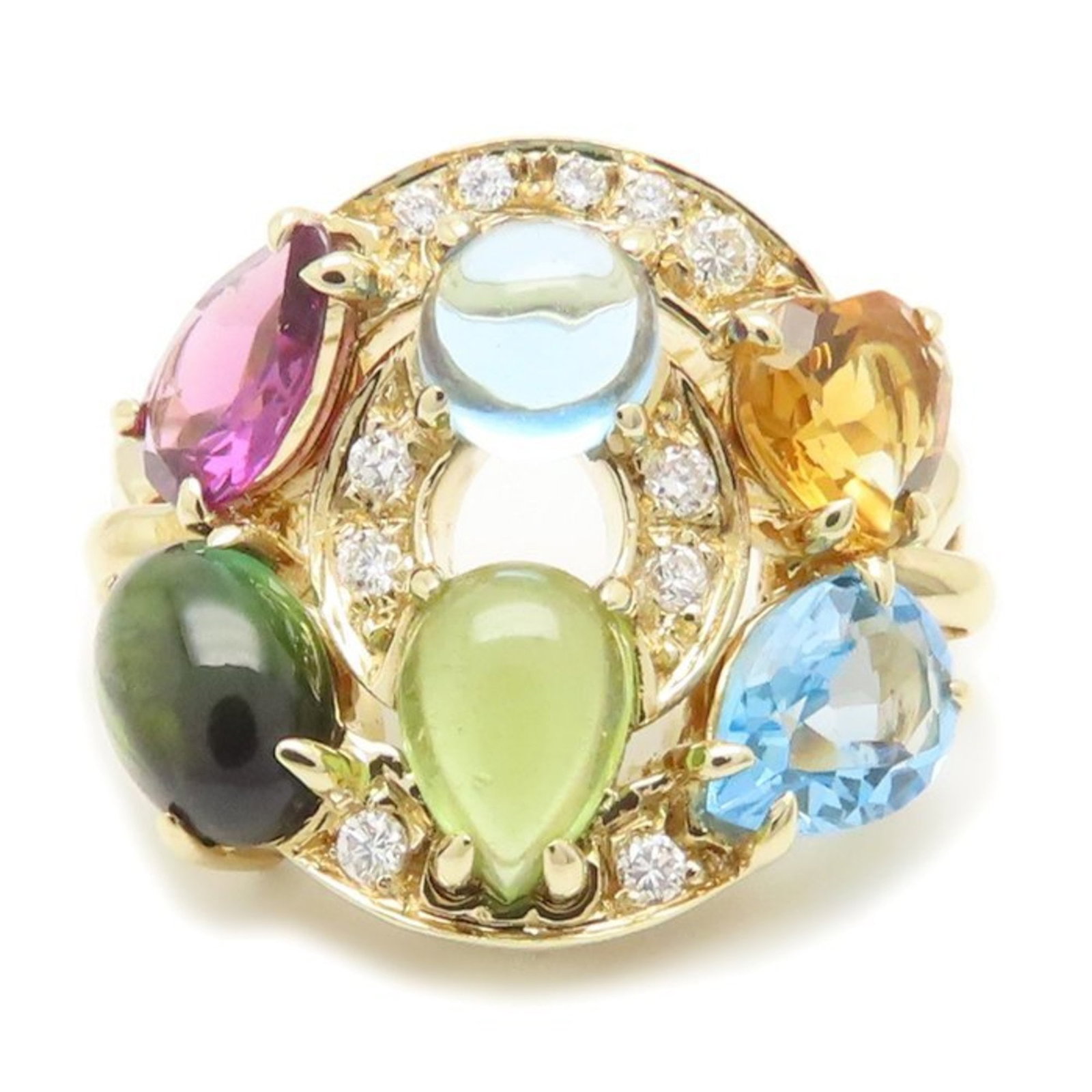 Bvlgari Band Ring Yellow Gold (18K): Bvlgari Band Ring Yellow Gold (18K) Yellow gold (18K) band ring from Bvlgari, featuring rhinestone accents in multi-color. This women's ring boasts a classic design with a US size 5.5. Made from high-