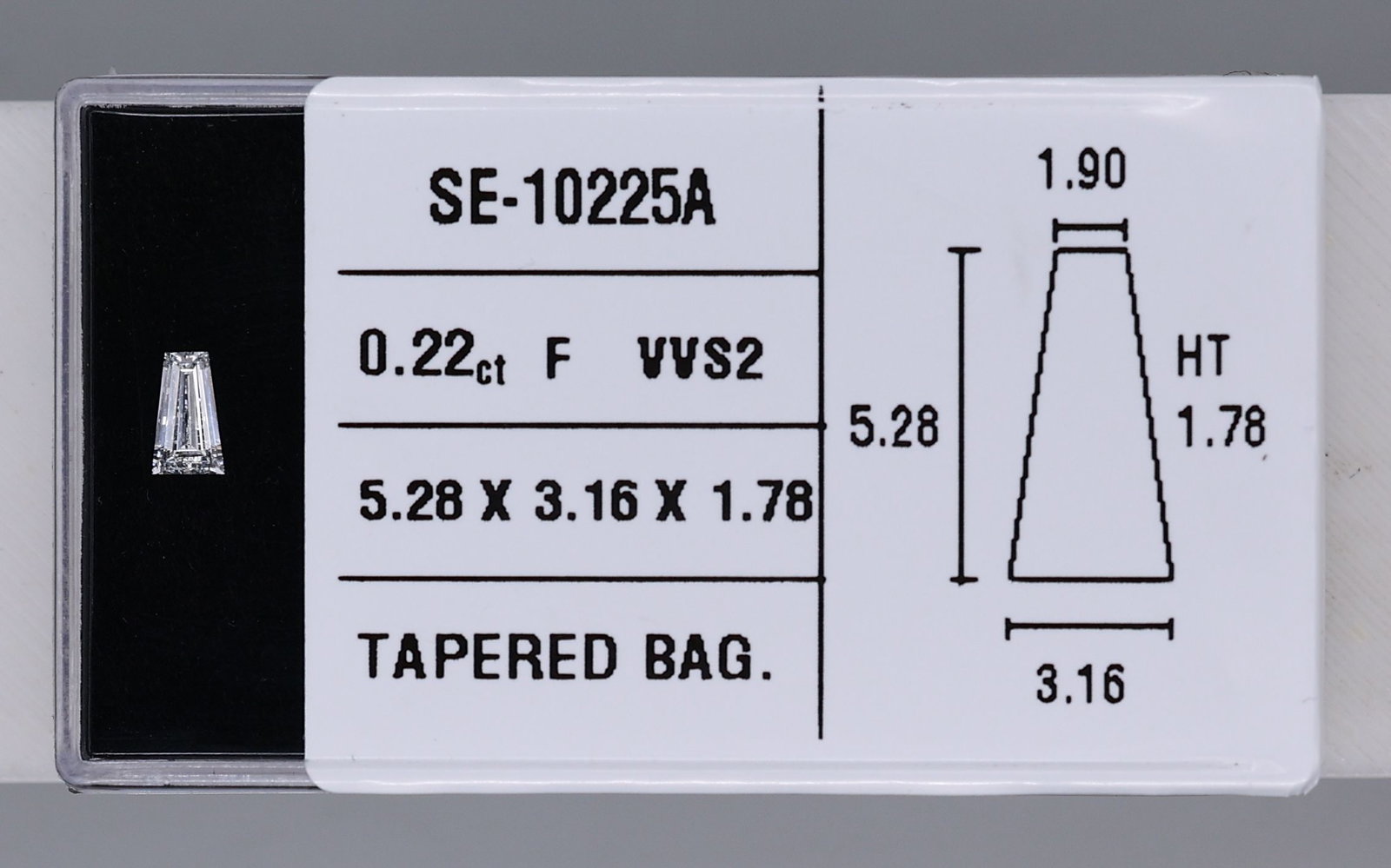 Tapered Baguette 0.22ct F VVS2 - Loose Natural Diamond: Tapered Baguette 0.22ct F VVS2 - Loose Natural Diamond The Tapered Baguette diamond boasts exceptional clarity and polish, with its VVS2 grade and EX symmetry making it a standout among loose natural