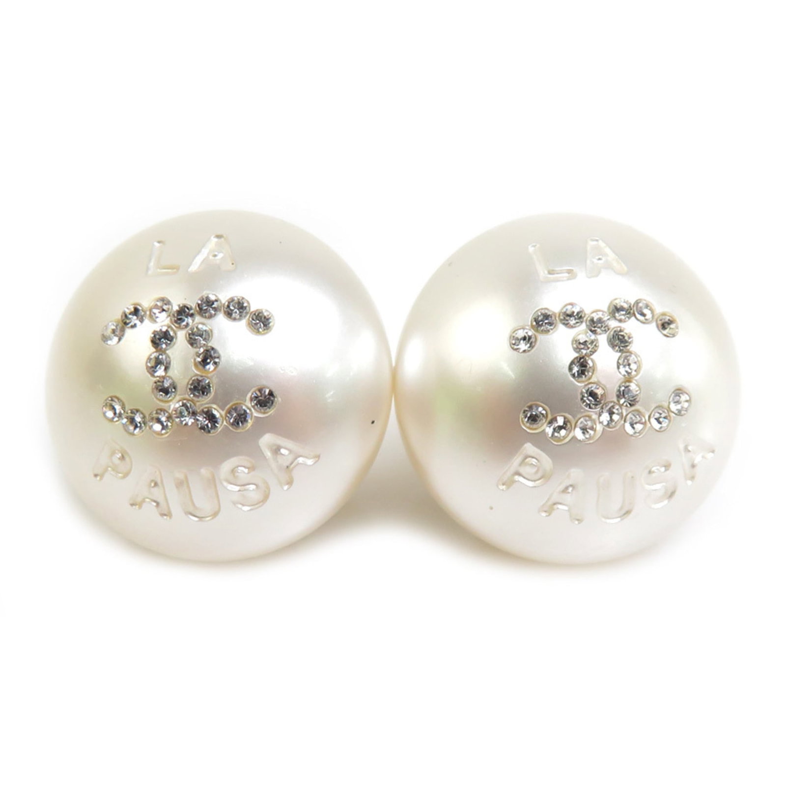 Artificial Pearl Metal Stud Earrings Chanel: Artificial Pearl Metal Stud Earrings Chanel Artificial pearl, metal stud earrings in gold and white, bearing the iconic Chanel brand from France. These elegant earrings measure 16mm x 16mm / 0.63'' x 