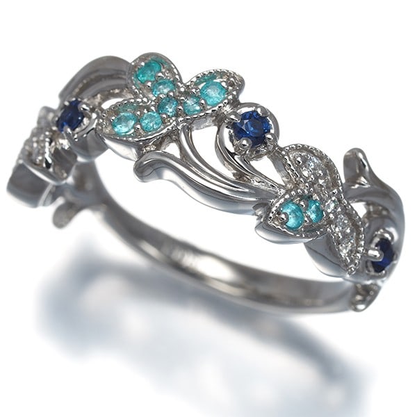 Gstv Ring Sapphire Paraiba Tourmaline Diamond Milgrain Us7.25-7.5 Pt 950: Gstv Ring Sapphire Paraiba Tourmaline Diamond Milgrain Us7.25-7.5 Pt 950 Platinum ring featuring a stunning sapphire, paired with a vibrant Paraiba Tourmaline and diamond combination. The intricate