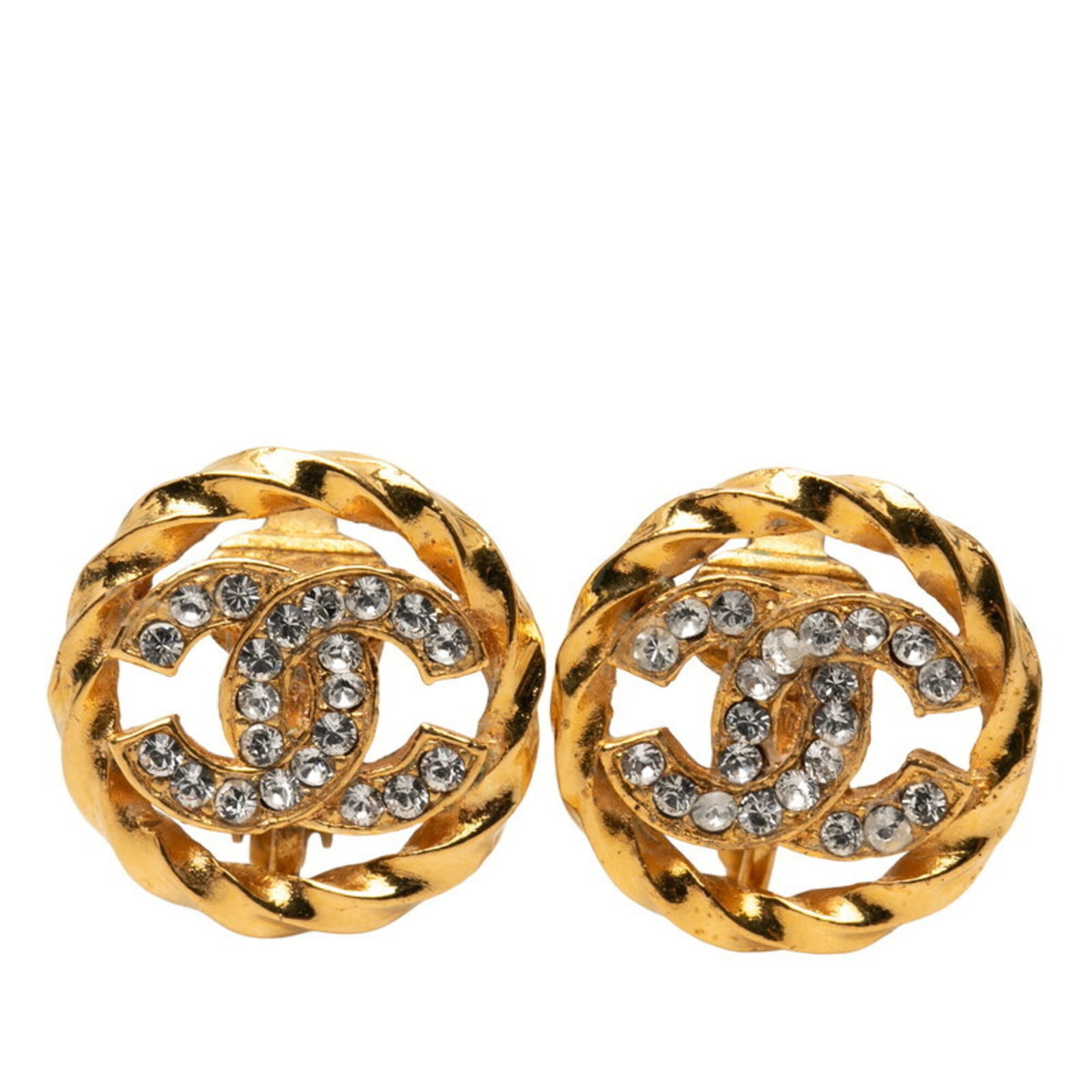 Chanel Clip Earrings Gold Plating: Chanel Clip Earrings Gold Plating Gold plating and rhinestone details add a touch of luxury to these elegant clip earrings, designed by the renowned French fashion house Chanel. Made from high-quality