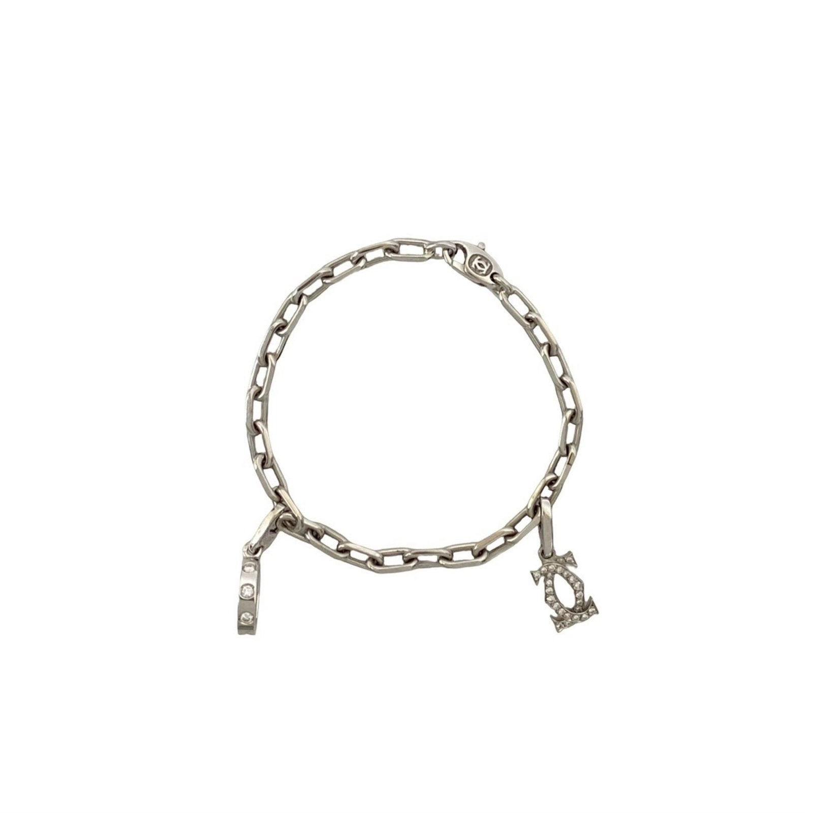 Charm Cartier White Gold Bracelet: Charm Cartier White Gold Bracelet Cartier White Gold Charm Bracelet - A sleek and sophisticated silver-toned bracelet featuring diamonds, crafted from white gold. The intricate design measures 18cm in