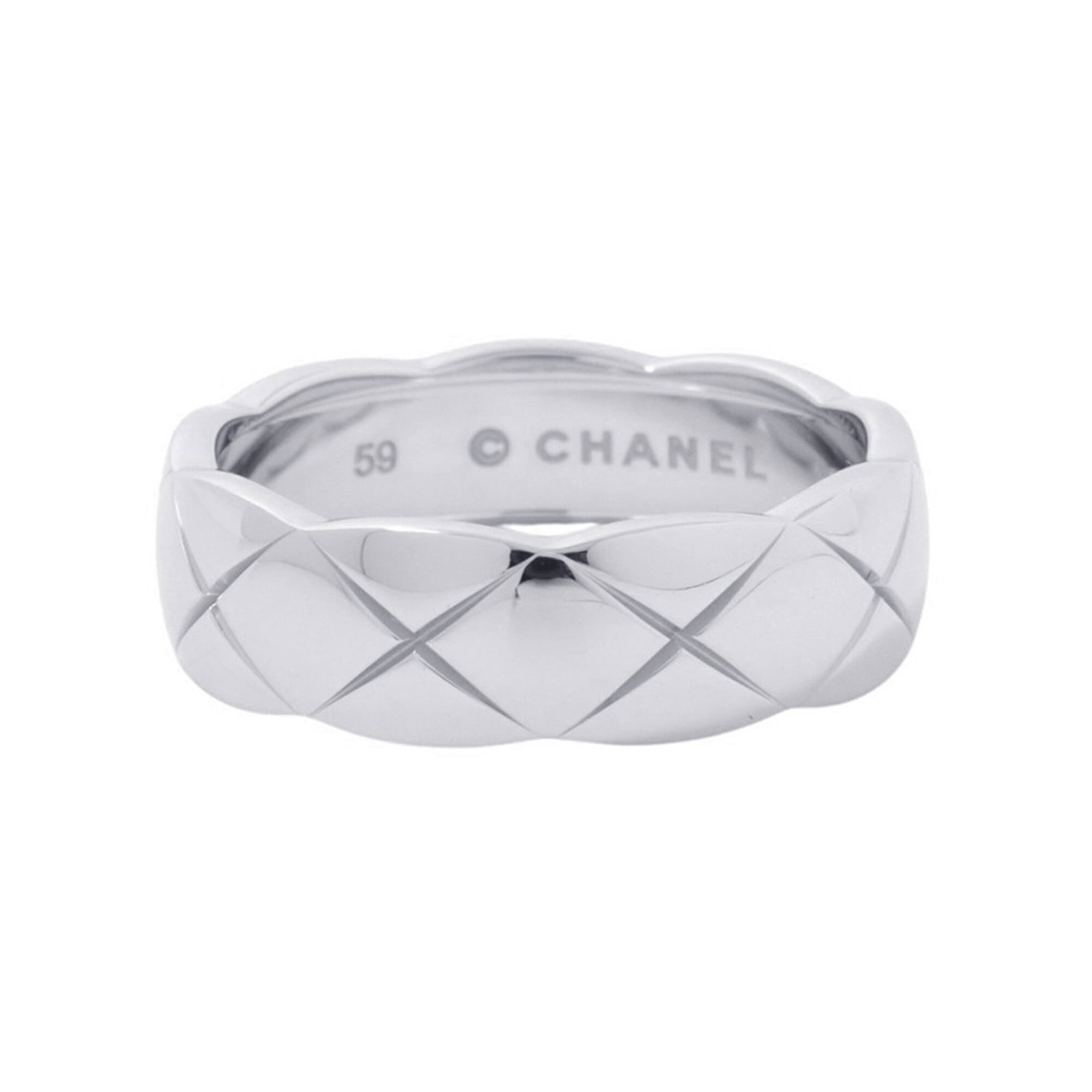 Chanel Band Ring White Gold (18K): Chanel Band Ring White Gold (18K) Chanel Band Ring White Gold (18K) - A sleek and sophisticated band ring in white gold, featuring the iconic Chanel design. This 18K white gold piece is made to fit a 