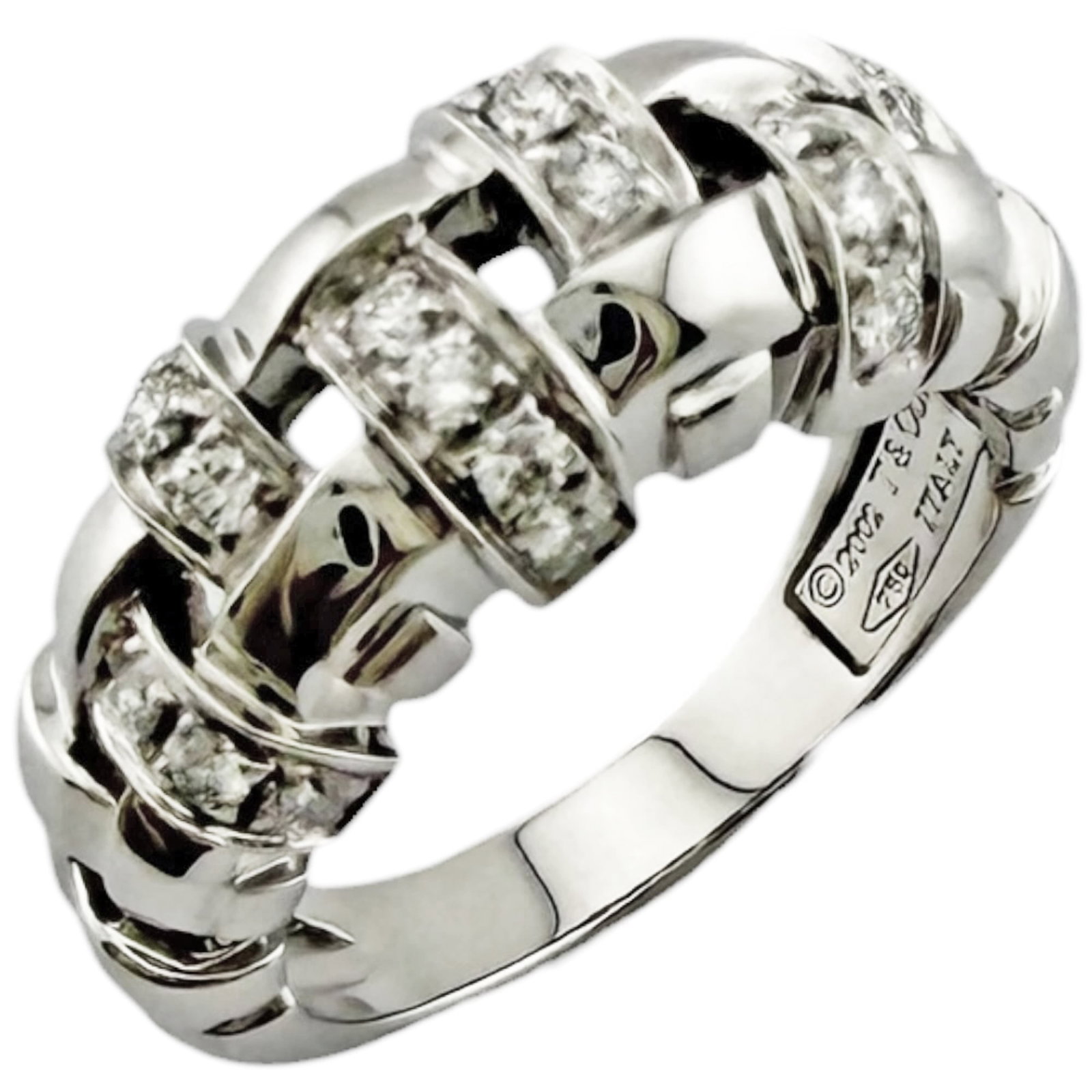 Tiffany Band Ring White Gold (18K): Tiffany Band Ring White Gold (18K) This Tiffany band ring features 18K white gold and a diamond stone, set in a beautiful handmade design. The ring boasts a silver finish and weighs 6.7g. Available