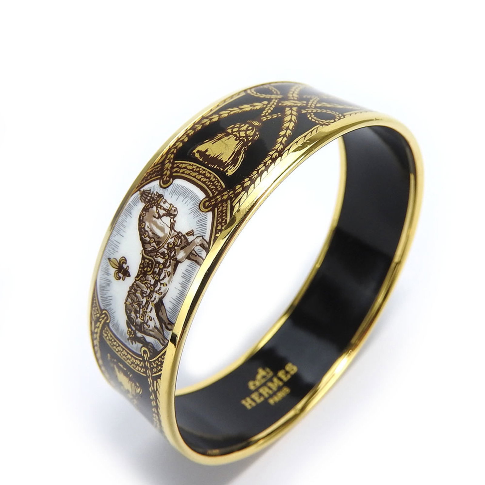 Bangle Cloisonn Enamel Metal Hermes: Bangle Cloisonn Enamel Metal Hermes The Hermes Bangle Cloisonn Enamel Metal features striking black, gold, and multi-color designs, showcasing the intricate craftsmanship of cloisonn enamel metalwork.