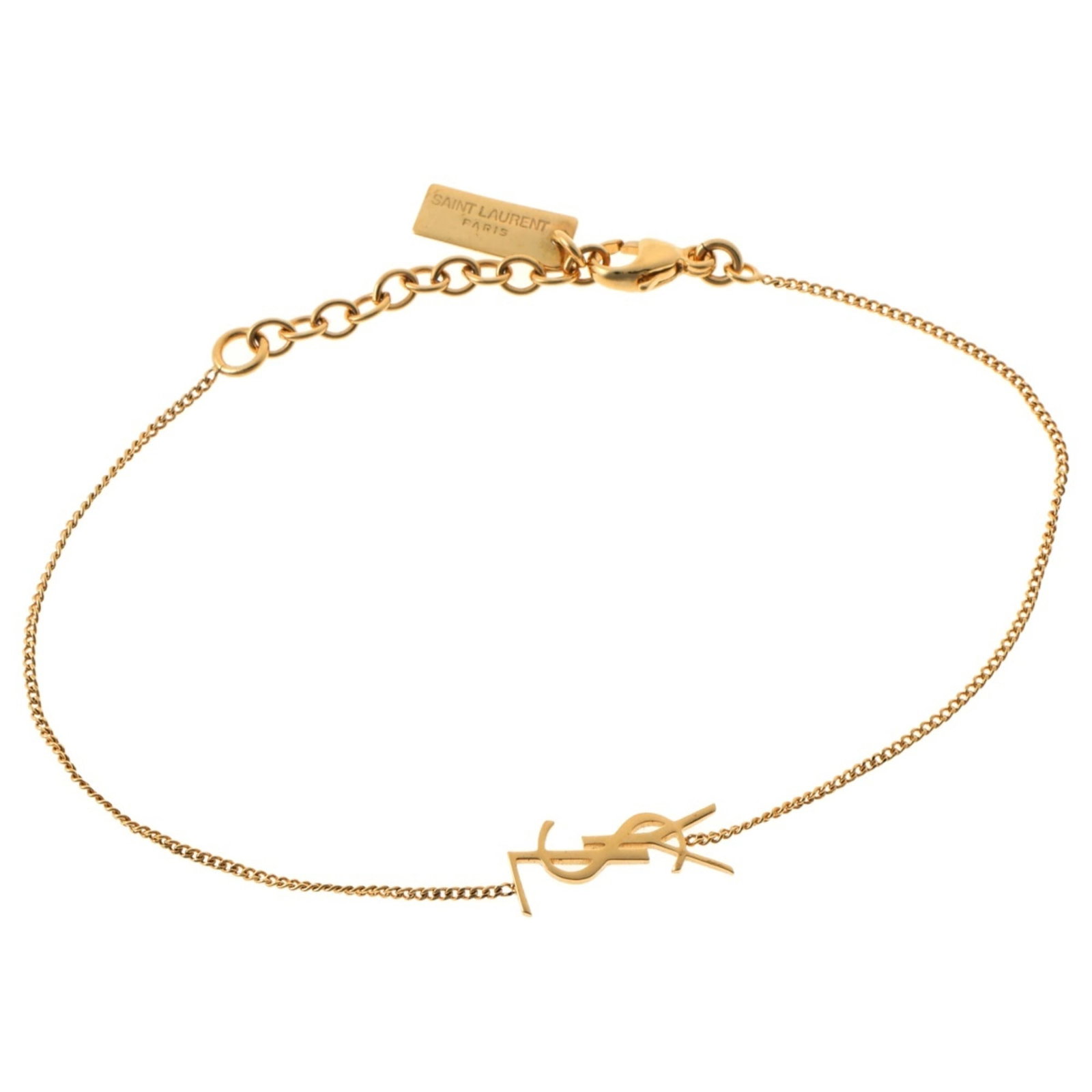 Charm Bracelet by Saint Laurent: Charm Bracelet by Saint Laurent Gold charm bracelet from Saint Laurent, measuring 19.5cm in length, features metal material and a gold color. This charm bracelet boasts a distinctive design with