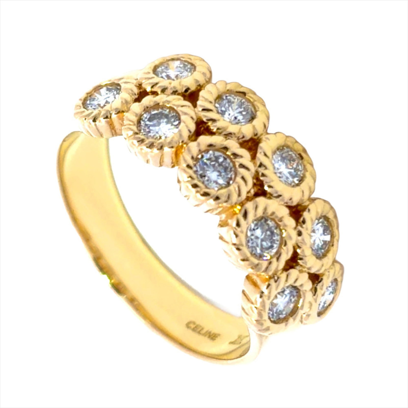 Yellow Gold Ring Celine Band: Yellow Gold Ring Celine Band Yellow gold (18K) band ring with a 0.55ct diamond, measuring 6mm in width and weighing 6.4g, available in US size 6. Item Specifics: Brand: Celine Type: Band ring Gender: