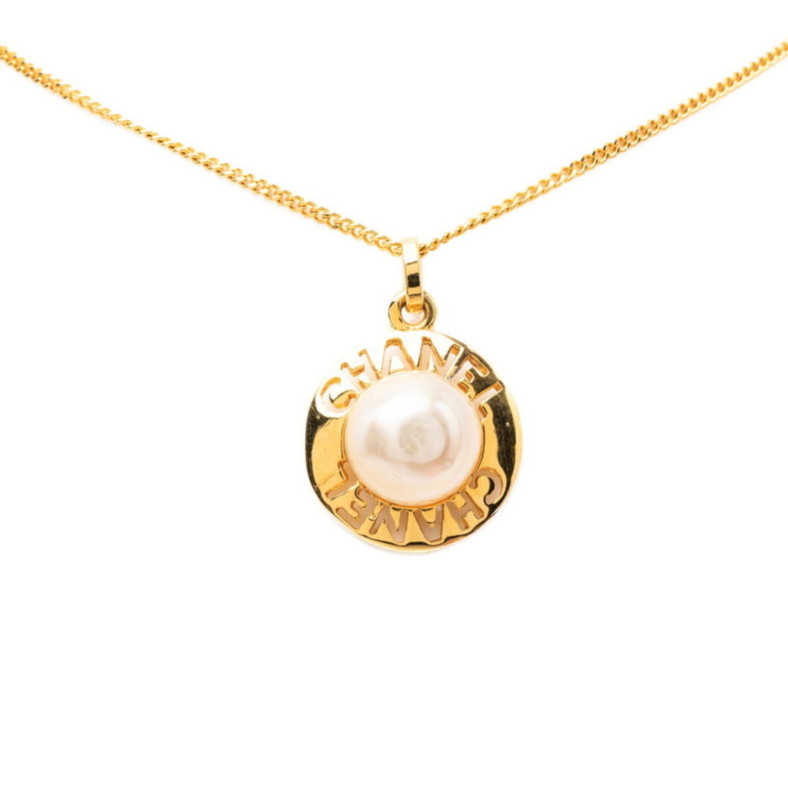 Chanel Women's Necklace Gold Plated Faux Pearl Vintage Circle Chanel Logo (1 of 5)