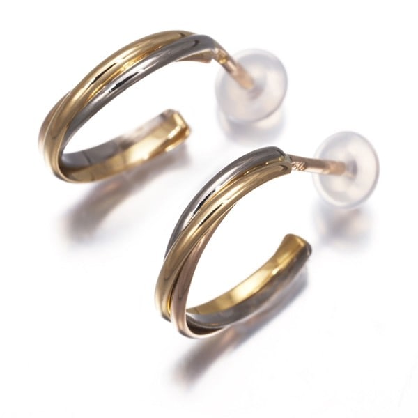 Cartier Earrings Trinity 3Color Hoop 18K 750 Yellow White Rose Gold: Cartier Earrings Trinity 3Color Hoop 18K 750 Yellow White Rose Gold Cartier's Trinity 3Color Hoop earrings showcase a striking multi-tone design featuring 18k yellow, white, and rose gold. The