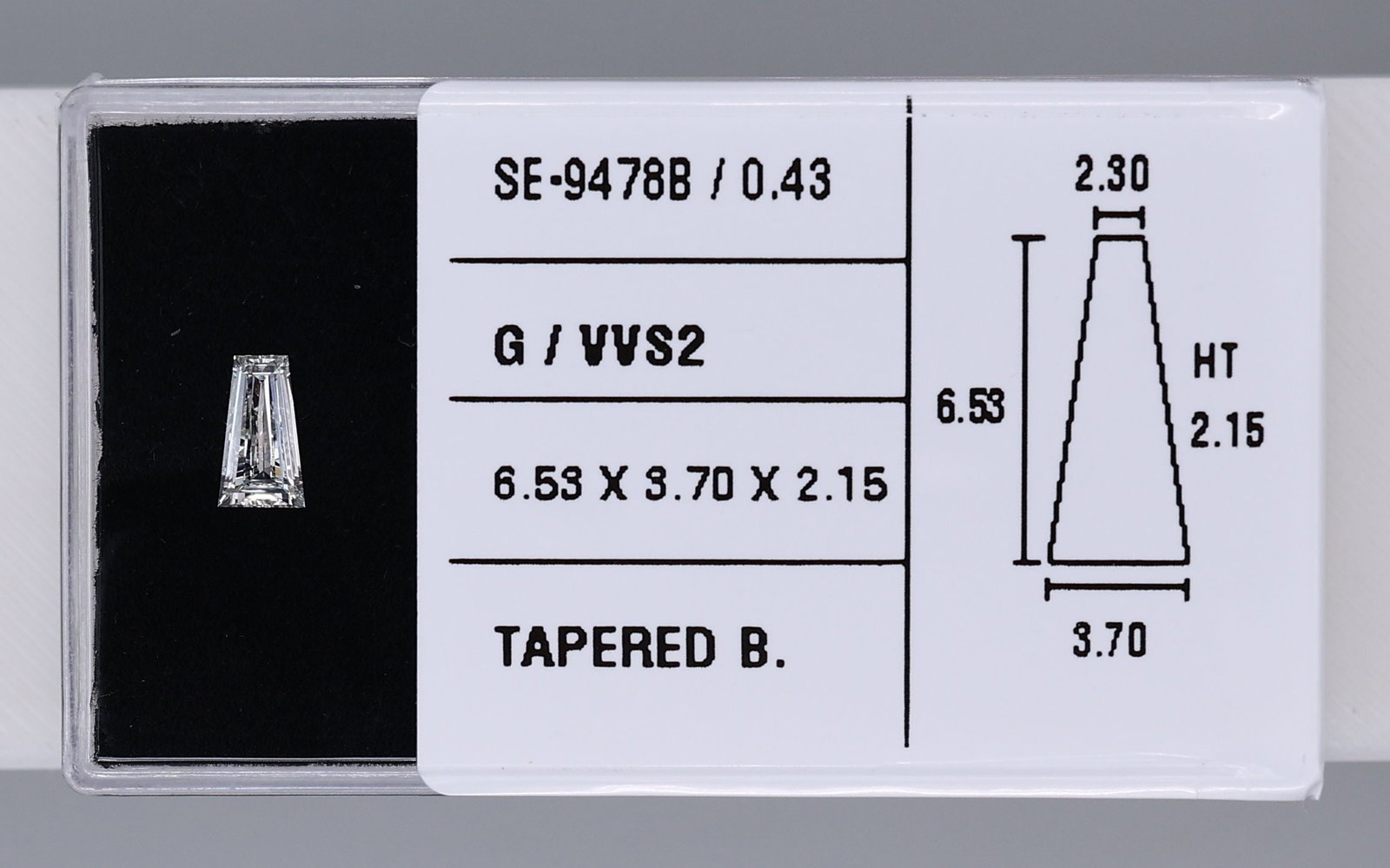 Tapered Baguette 0.43ct G VVS2 - Loose Natural Diamond: Tapered Baguette 0.43ct G VVS2 - Loose Natural Diamond Tapered Baguette diamond with exceptional clarity, boasting a VVS2 grade and EX polish. Its natural origin and impressive size make it a