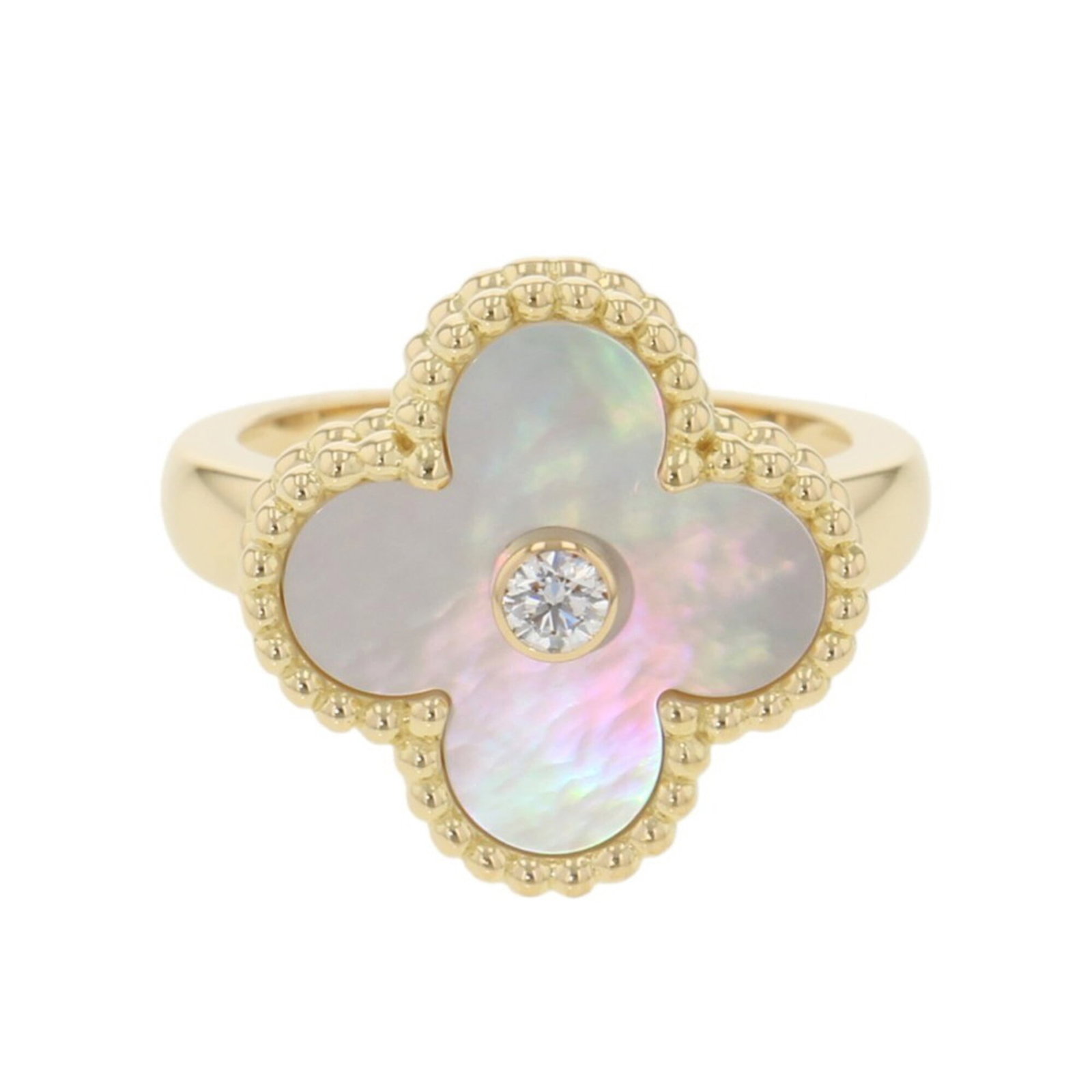 Van Cleef & Arpels Band Ring Yellow Gold (18K): Van Cleef & Arpels Band Ring Yellow Gold (18K) Yellow gold (18K) band ring from Van Cleef & Arpels' Alhambra line, featuring a diamond weighing 0.05 carats in IF clarity. This elegant piece boasts a