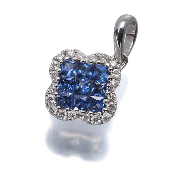 Sapphire 0.40Ct Diamond 0.10Ct Flower Pendant 18K 750 White Gold (1 of 4)