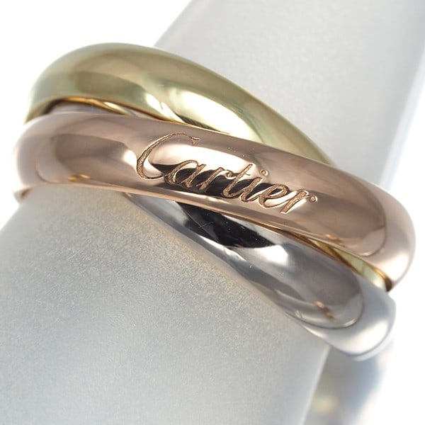 Yellow White Rose Gold Classic Eu50 3Color 18K Cartier Ring Trinity: Yellow White Rose Gold Classic Eu50 3Color 18K Cartier Ring Trinity The Cartier Trinity ring boasts a striking multi-tone gold design, featuring 18k yellow, white, and rose gold accents in a classic