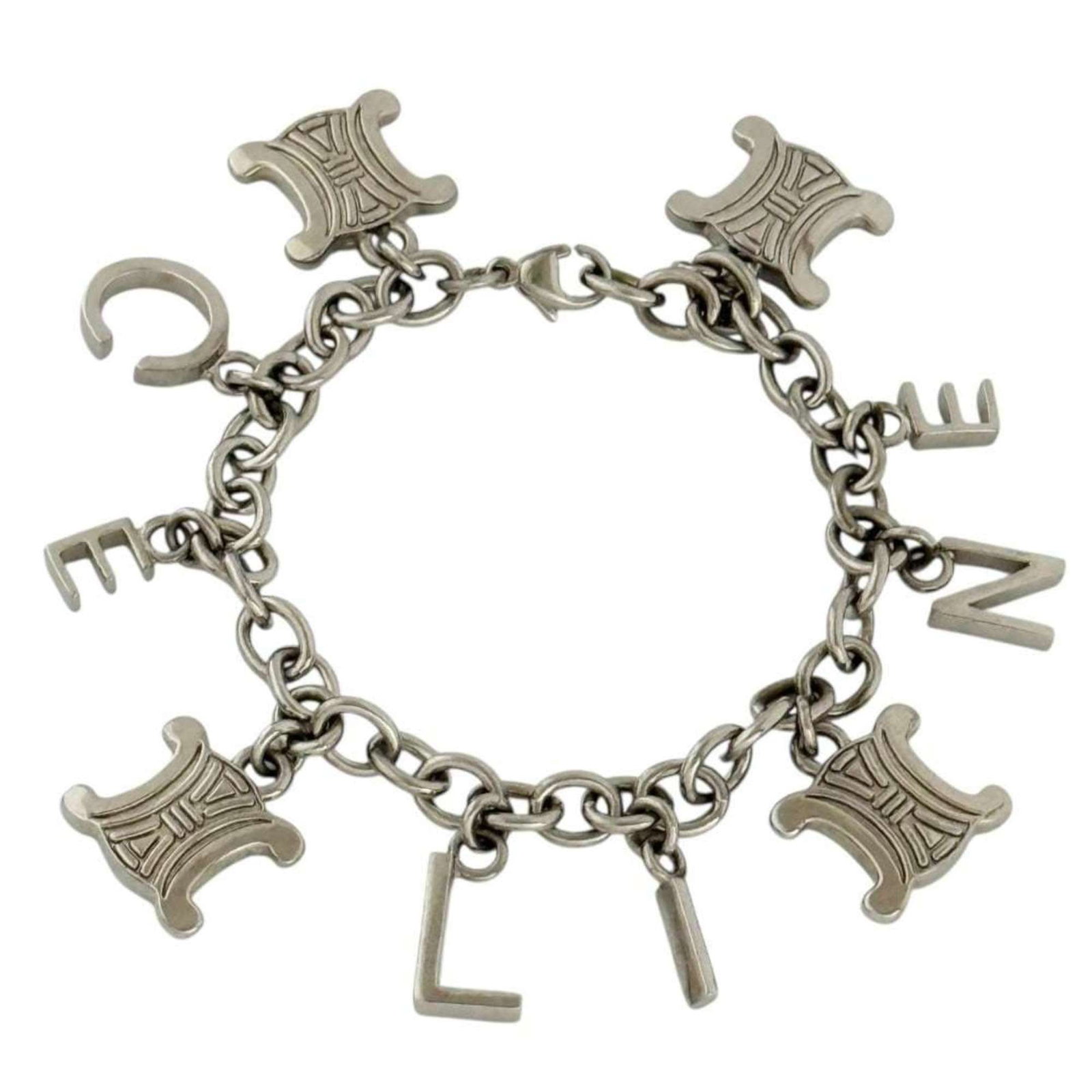 Celine metal bracelet: Celine metal bracelet Silver Celine metal bracelet with a classic charm design, measuring 18.5cm in length. The sleek silver metal provides a sophisticated touch to any outfit. Item Specifics: Brand: 
