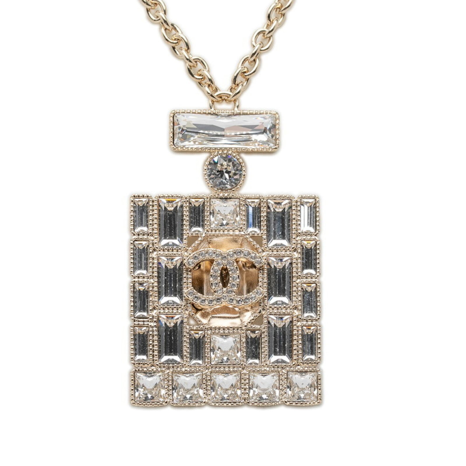 Chanel Coco Mark Perfume Bottle Chain Pendant Necklace B24C Stamp Gold Plated Rhinestone Women'S: Chanel Coco Mark Perfume Bottle Chain Pendant Necklace B24C Stamp Gold Plated Rhinestone Women'S Chain pendant necklace featuring the iconic Chanel Coco Mark perfume bottle, made with gold plated