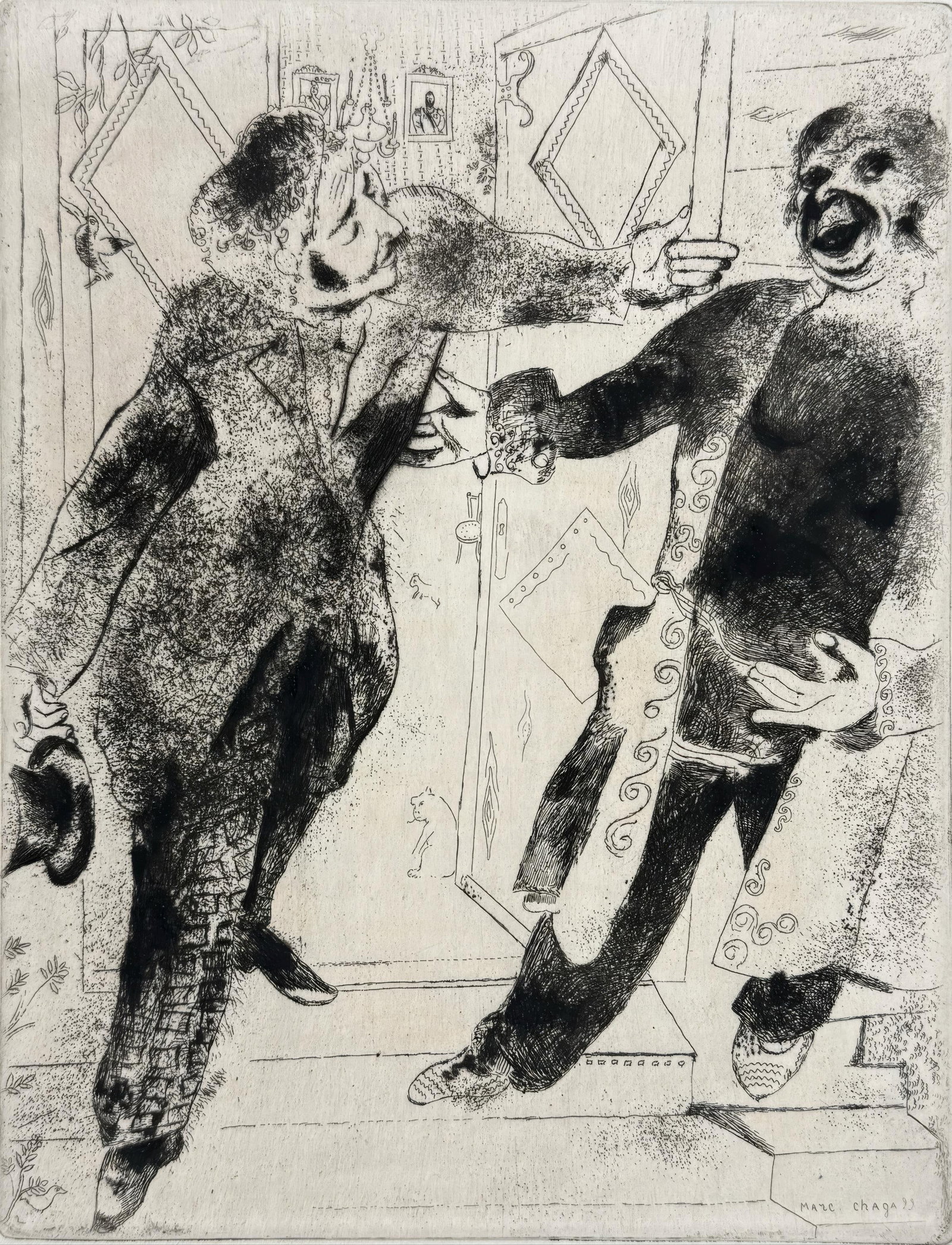 Marc Chagall, Manilov and Tchitchikov on the Threshold of the Door, from Dead Souls, Etching, (1 of 7)