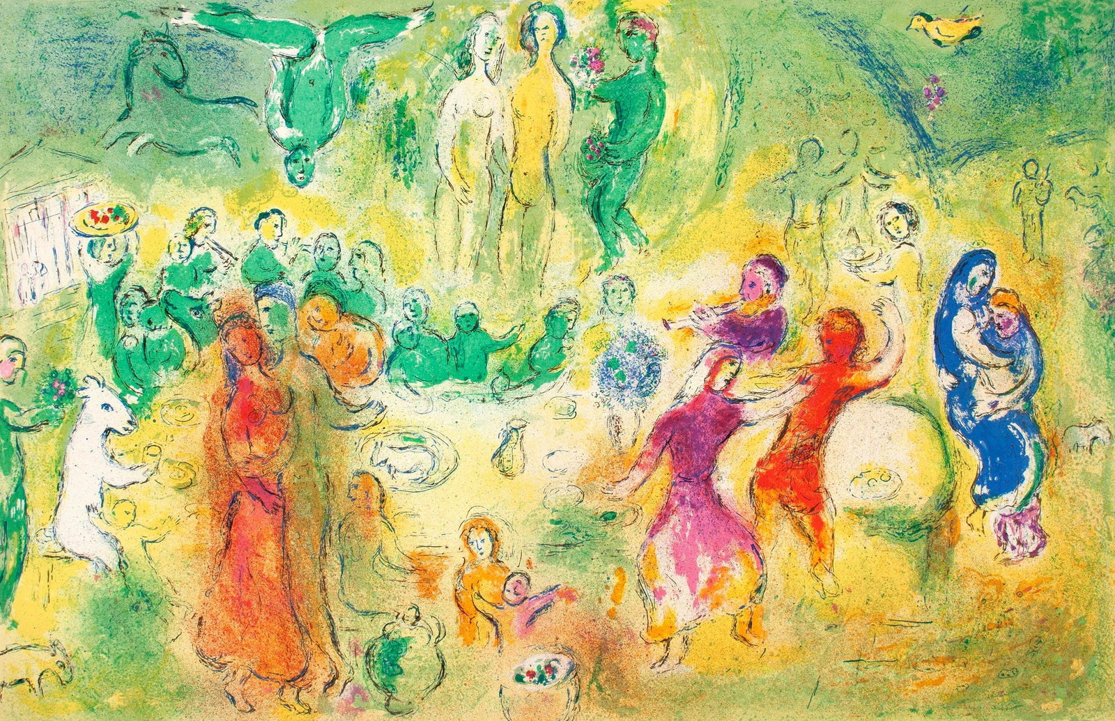 Marc Chagall, Festin nuptial dans la grotte des nymphes, Daphnis et Chlo, Hliogravure: Marc Chagall, Festin nuptial dans la grotte des nymphes, Daphnis et Chlo, Hliogravure Item Specifics: Paper Size: 12.5 x 19 inches, with centerfold, as issued. Inscription: Unsigned and unnumbered, as