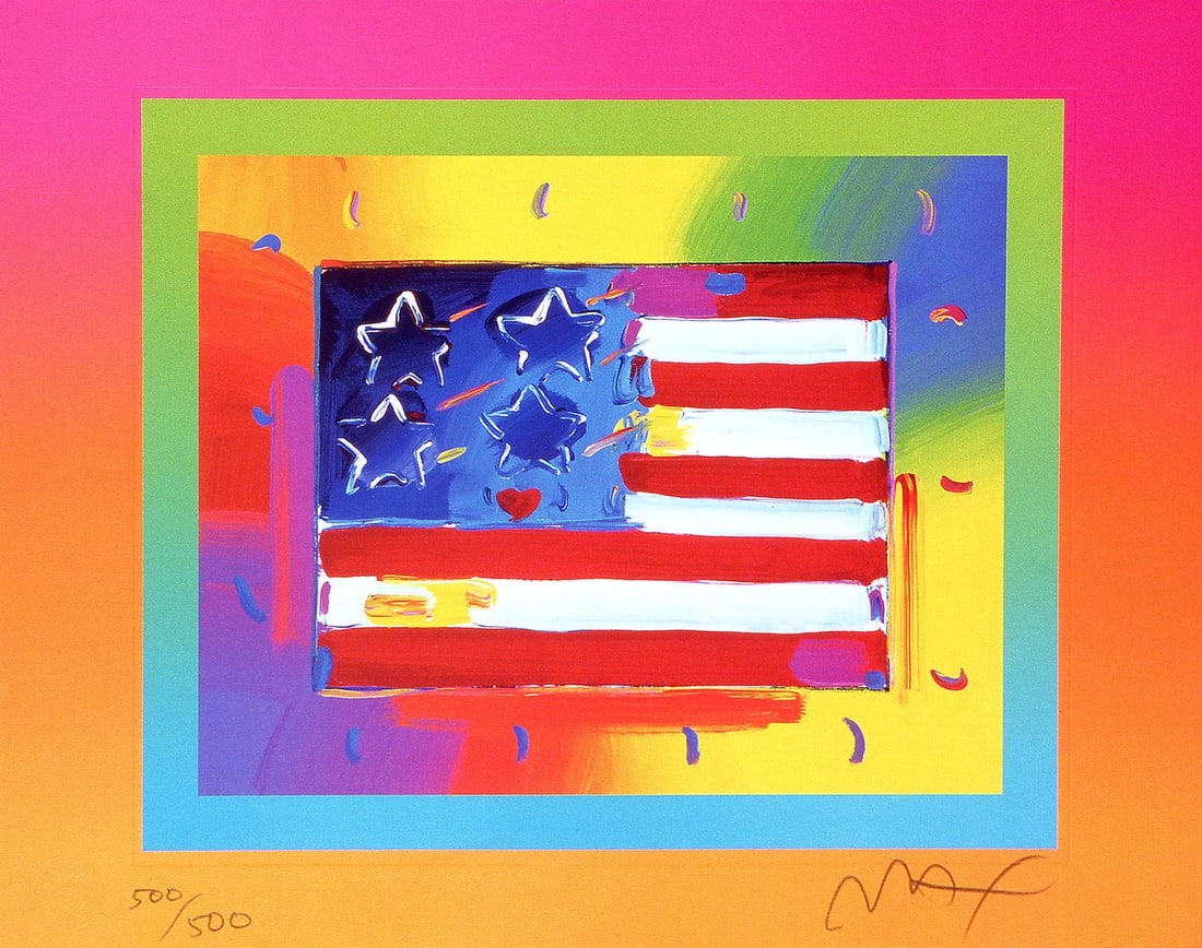 Peter Max, Flag with Heart on Blends II, Version II, Hand Signed, Official Lithograph (1 of 4)