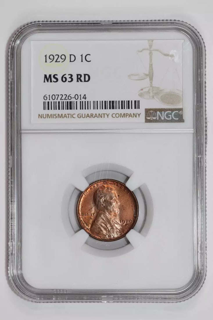 1929-D LINCOLN WHEAT CENT NGC MS63 RD: 1929-D LINCOLN WHEAT CENT NGC MS63 RD 1929-D Lincoln Wheat Cent in MS63 Condition, Certified by NGC. This uncirculated coin features the iconic Lincoln Wheat design and has been graded MS63 by the Num